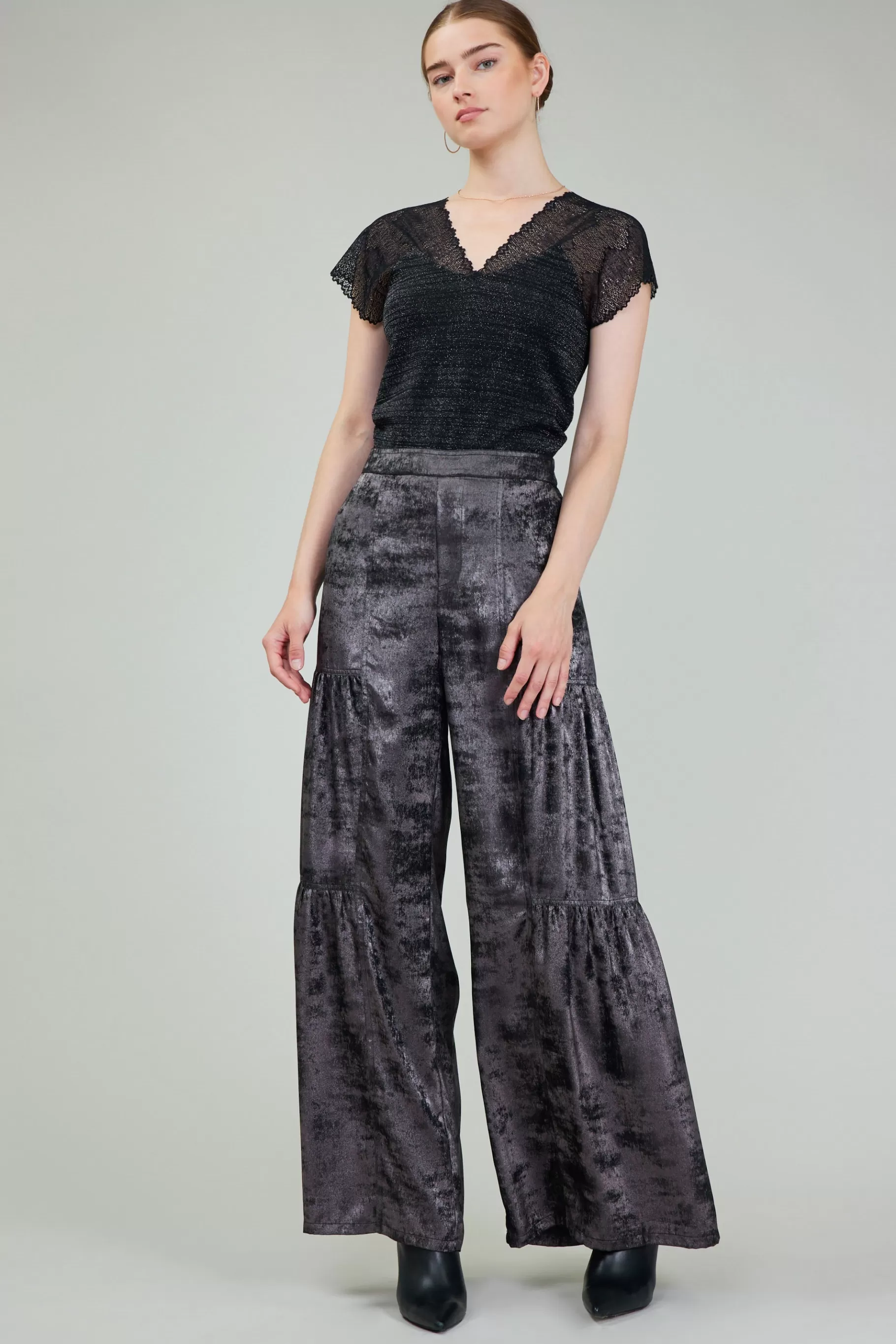 Current Air Pants>Opalescent Textured Tiered Pants PLUMGUNMETAL