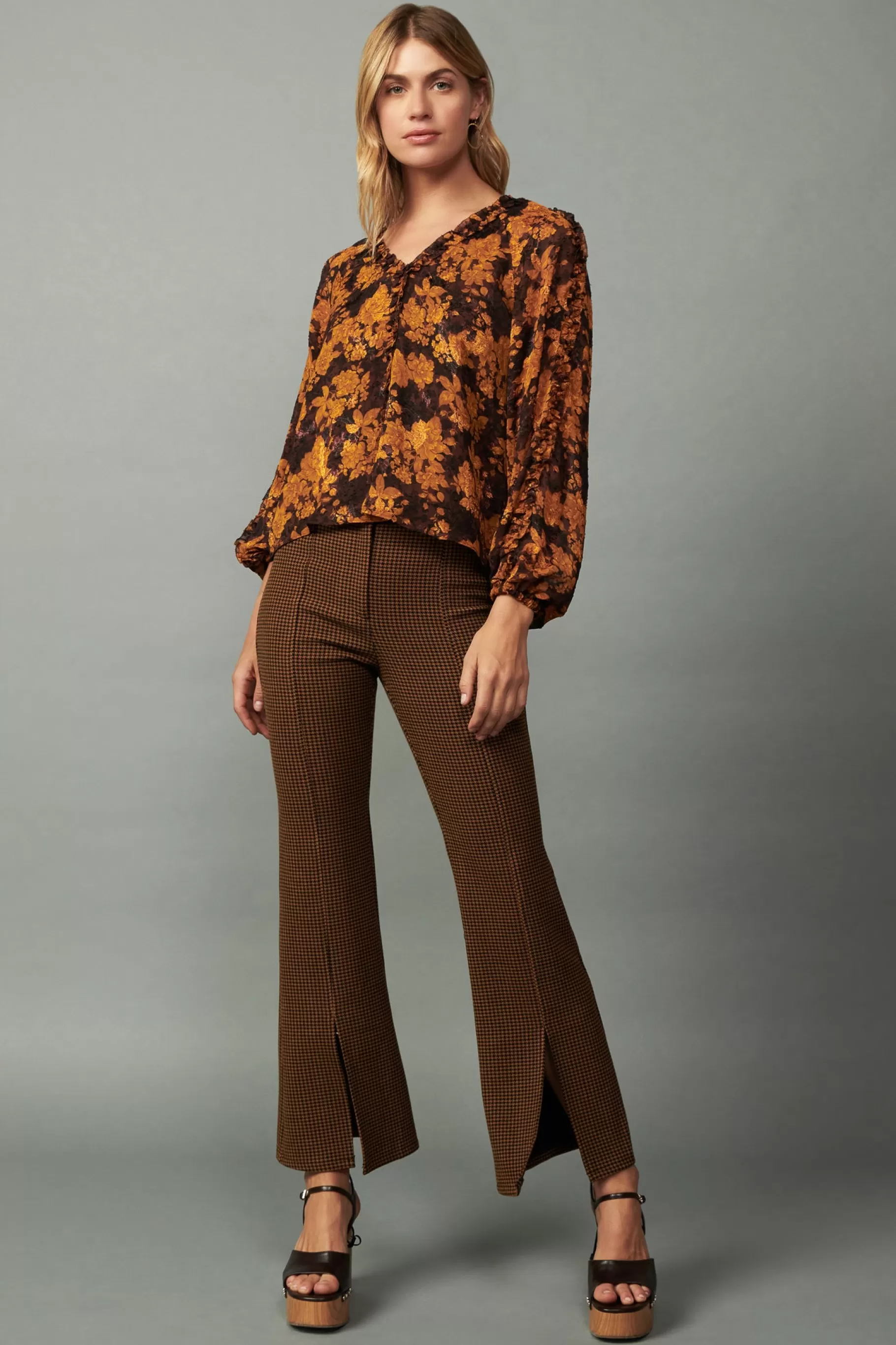 Current Air Long Sleeve Tops>Orange Picot Stitch Blouse BROWNORANGEFLORAL