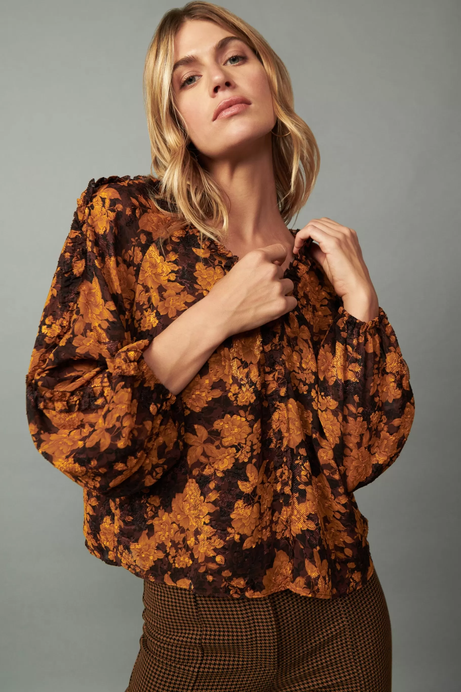 Current Air Long Sleeve Tops>Orange Picot Stitch Blouse BROWNORANGEFLORAL