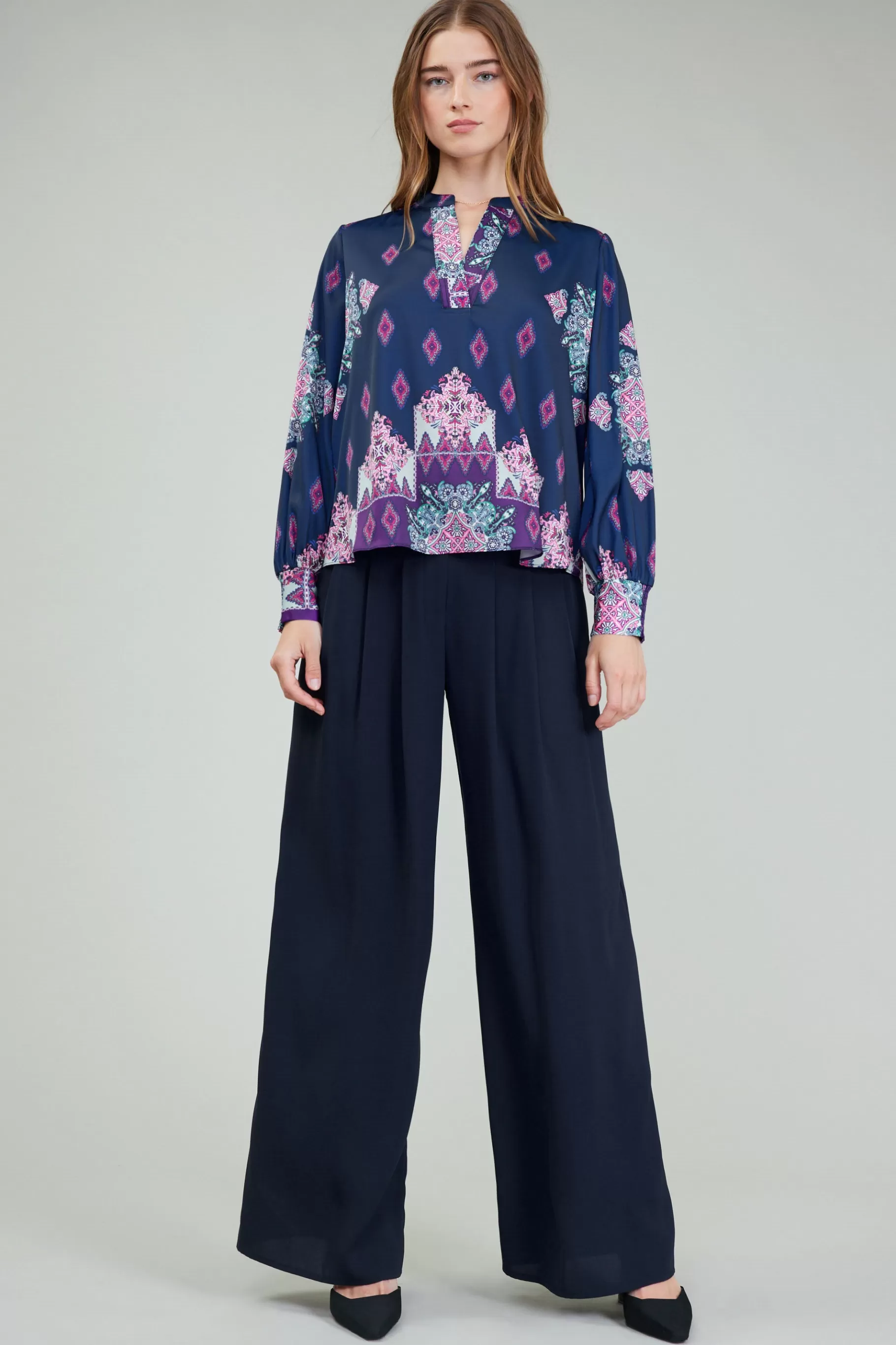 Current Air Long Sleeve Tops>Ornate Border Print Blouse MLT