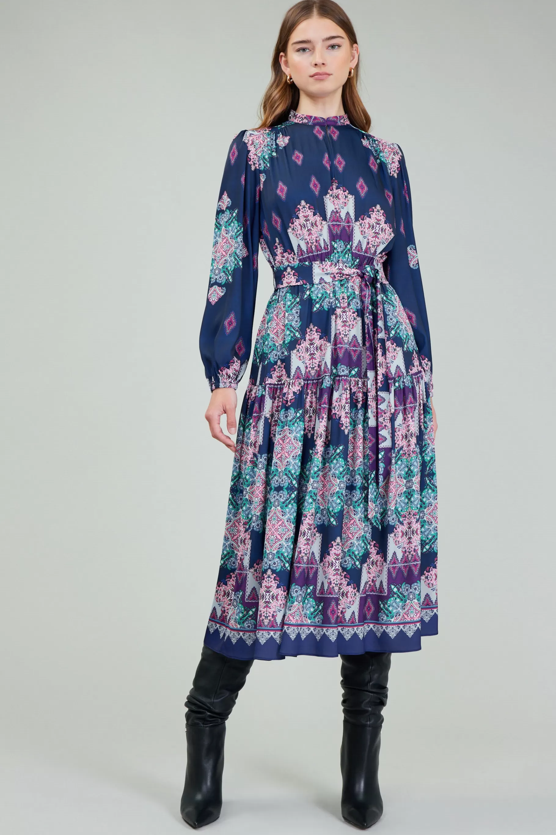 Current Air Midi Dresses>Ornate Border Printed Midi Dress MLT