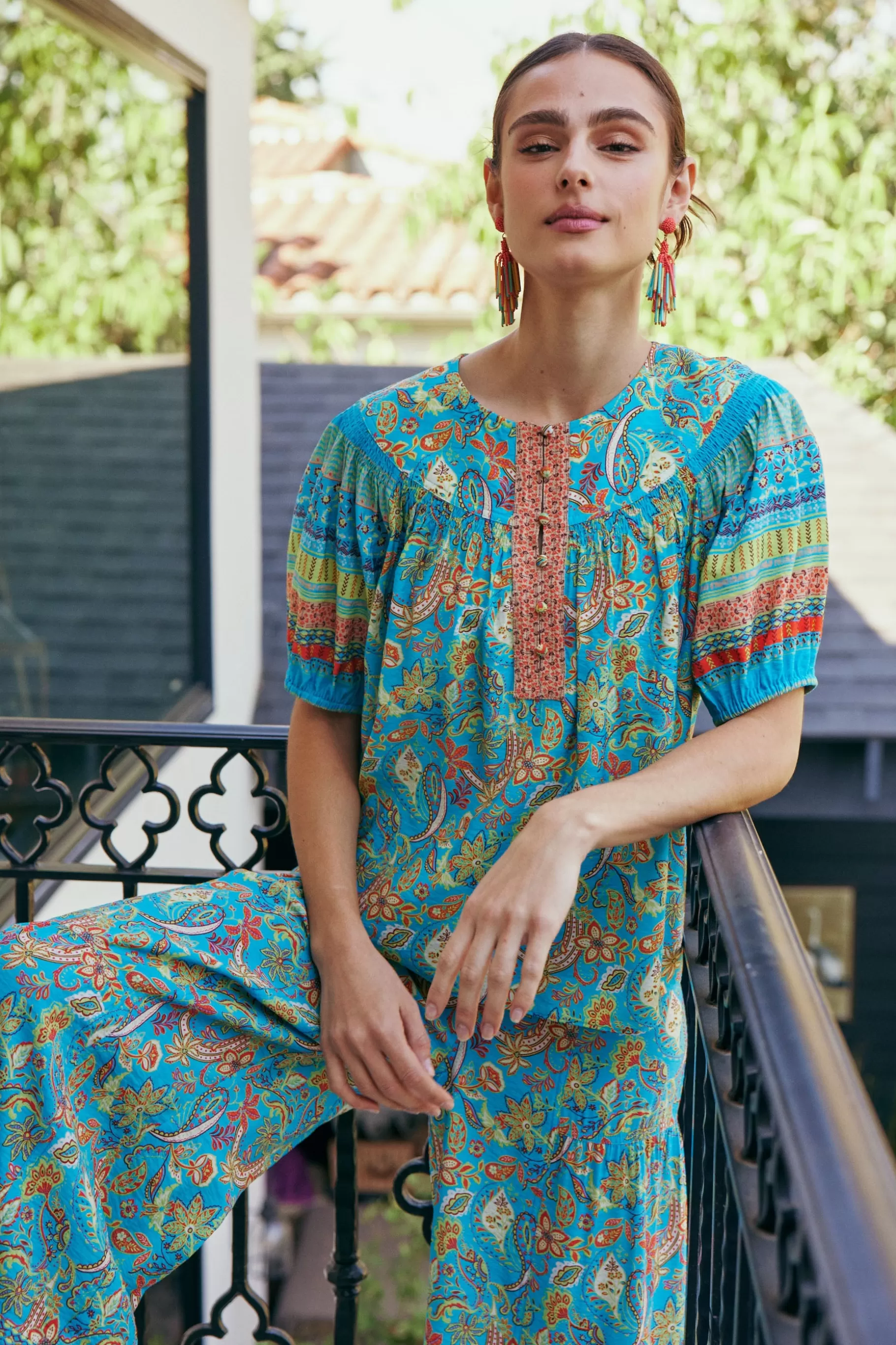 Current Air Short Sleeve Tops>Paisley Border Print Top BLUEORANGE
