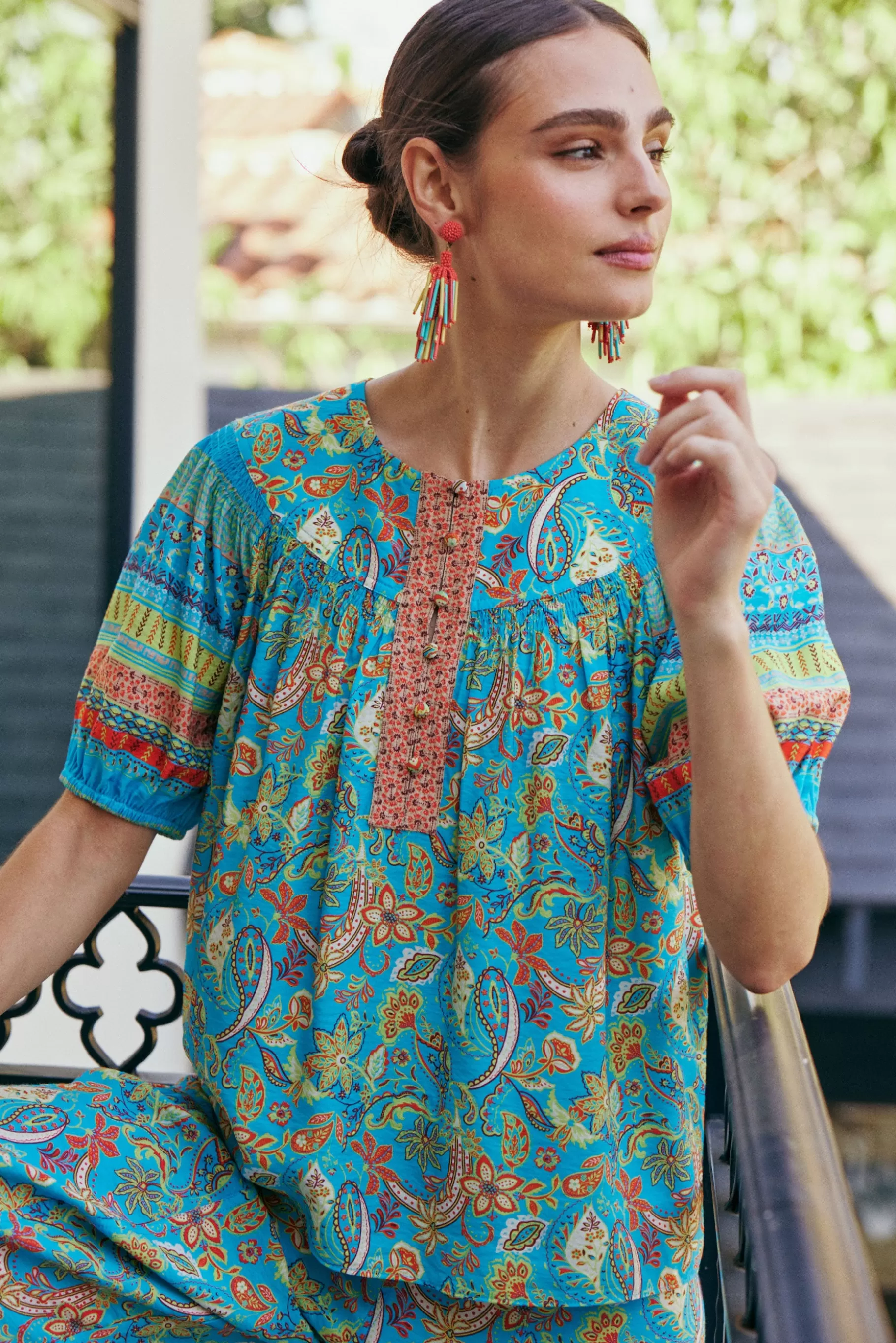 Current Air Short Sleeve Tops>Paisley Border Print Top BLUEORANGE
