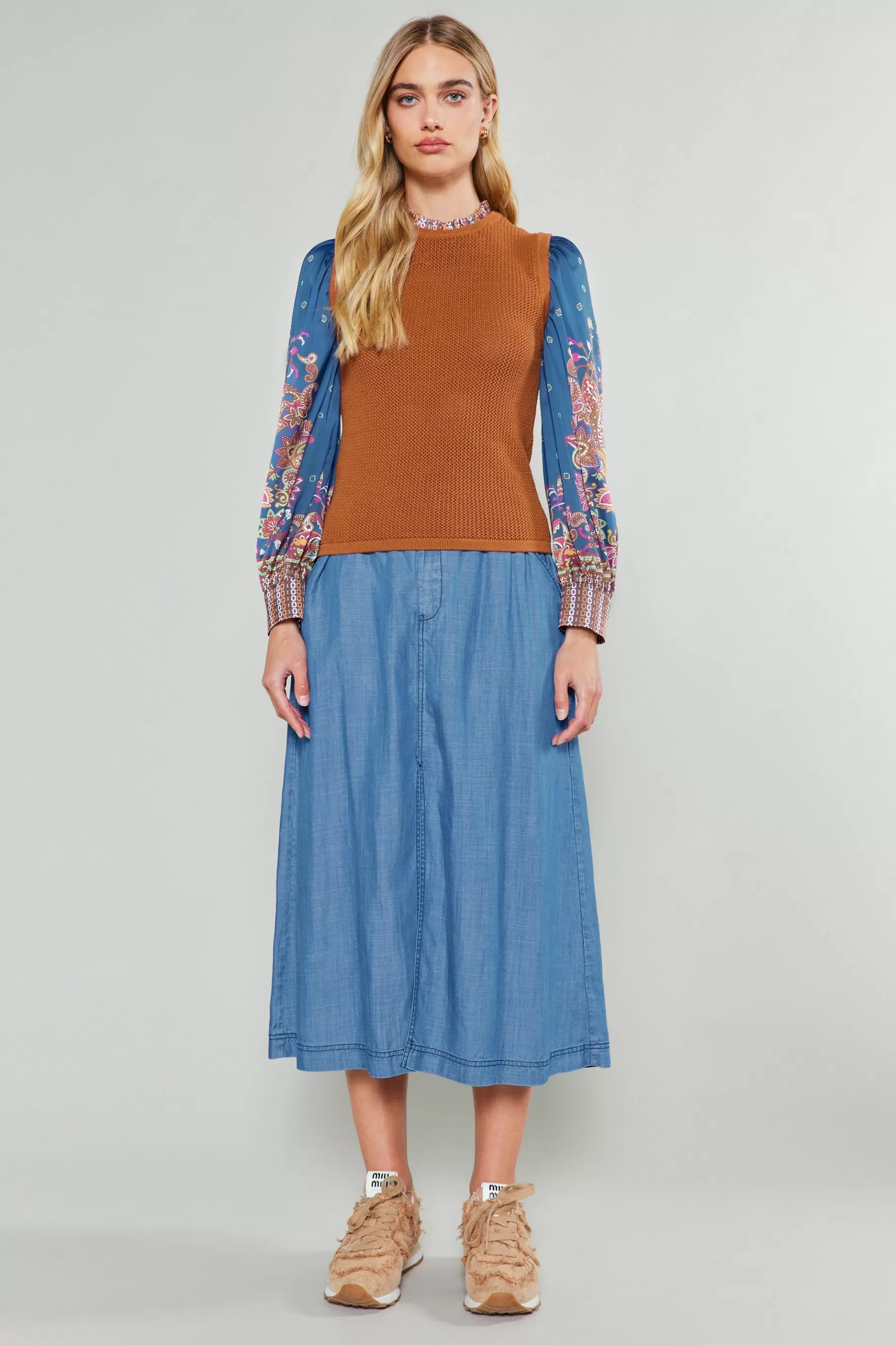 Current Air Knitwear | Sweaters>Paisley Contrast Sleeve Knit Top RUSTNAVY