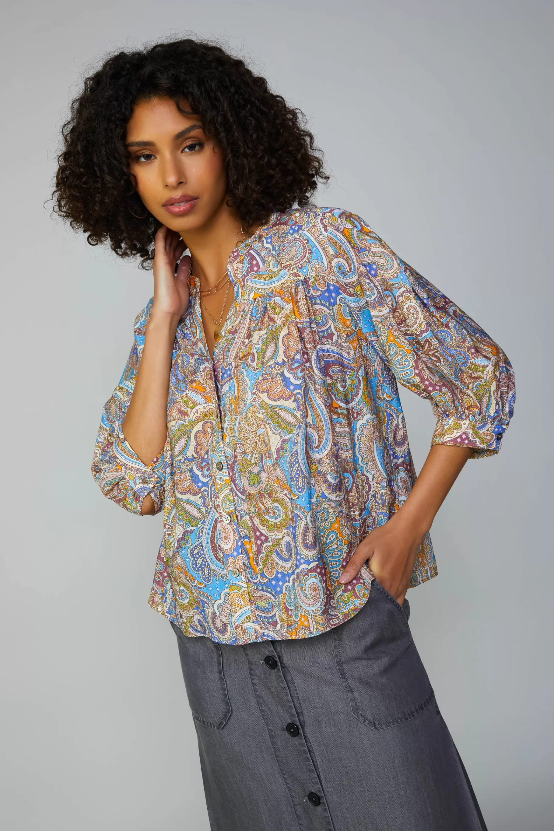 Current Air Long Sleeve Tops>Paisley Motif Button Blouse MLT