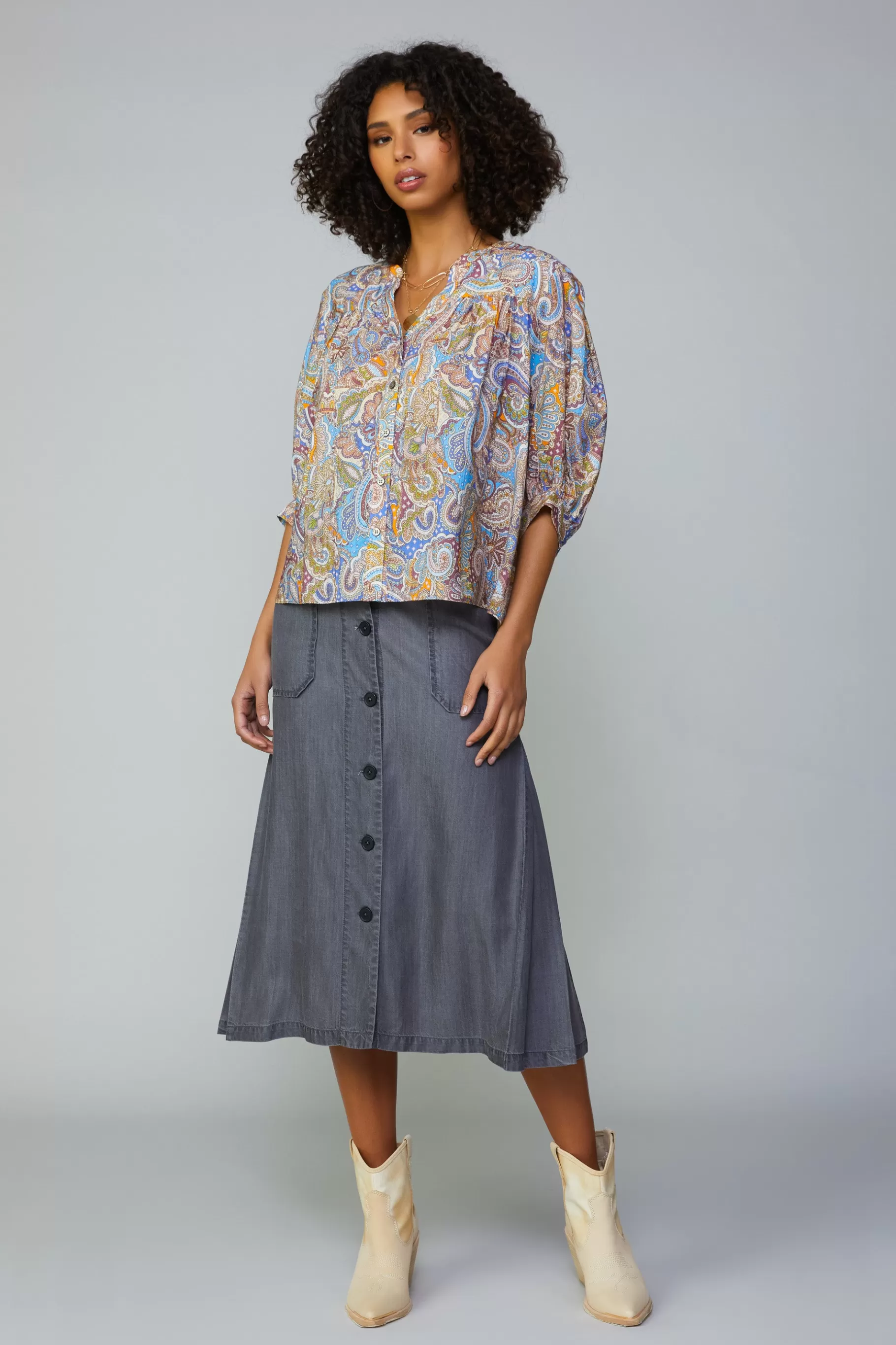 Current Air Long Sleeve Tops>Paisley Motif Button Blouse MLT