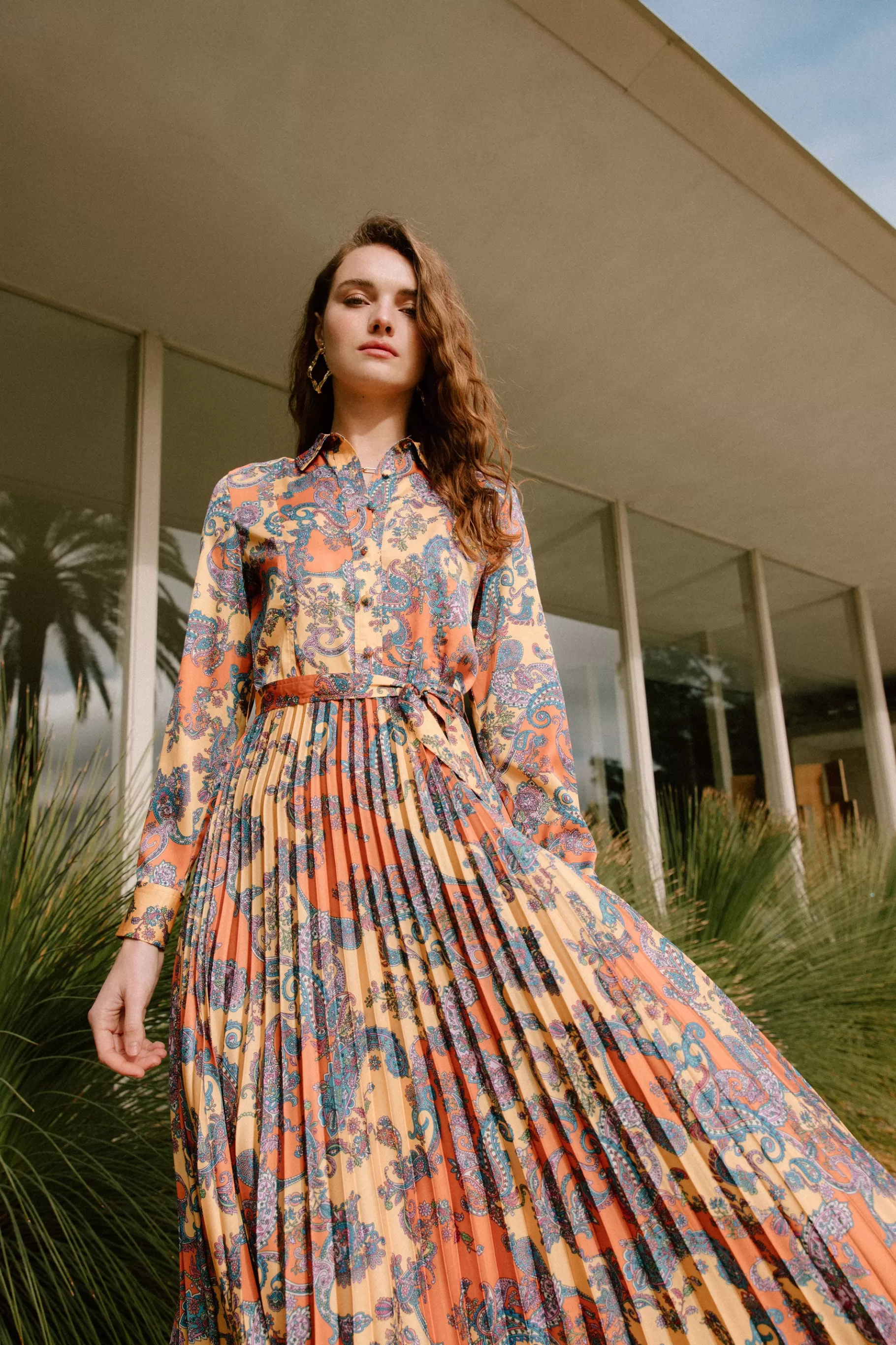 Current Air Maxi Dresses>Paisley Pleated Maxi Dress ORANGEPAISLEY