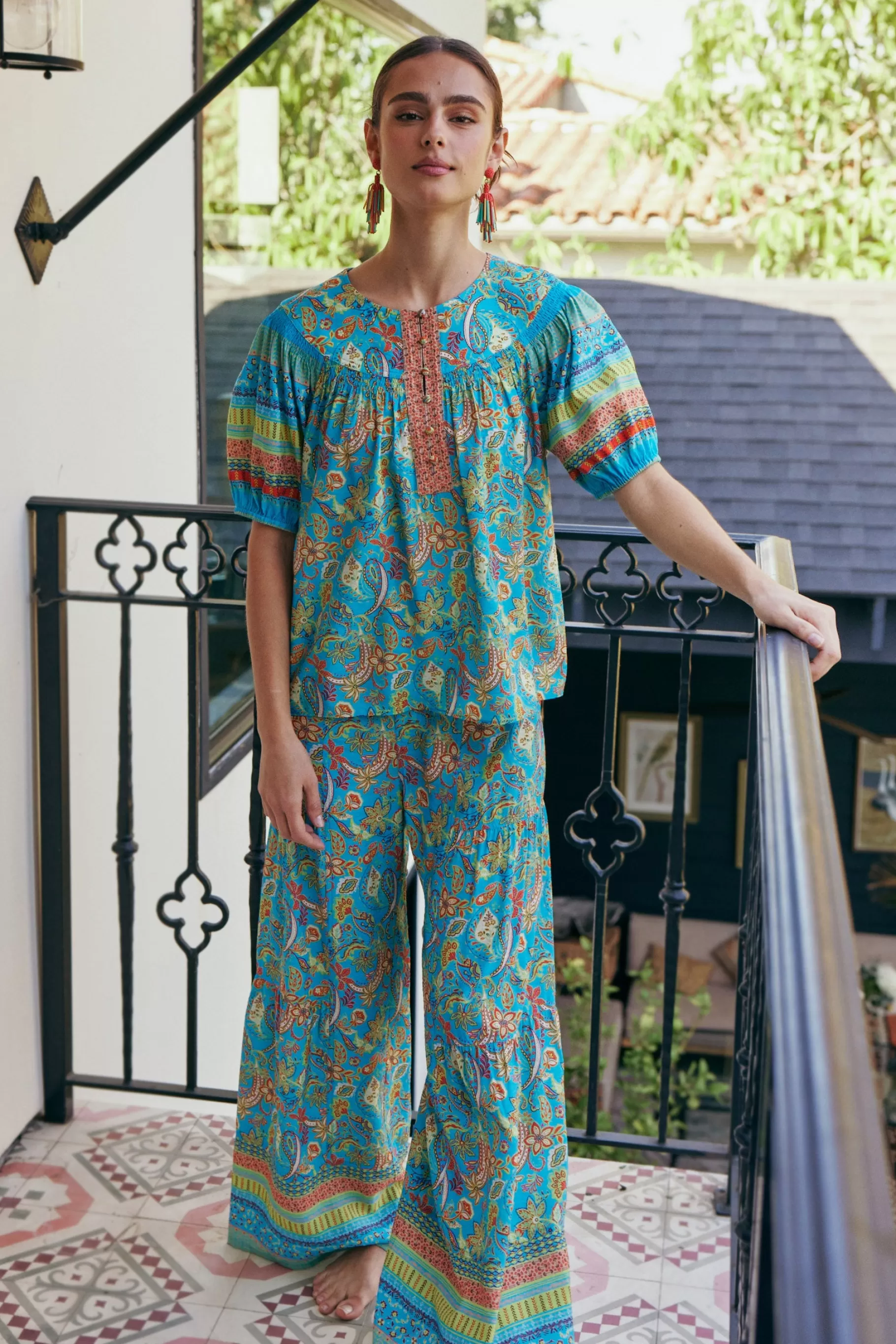Current Air Pants>Paisley Printed Wide Leg Pants BLUEORANGE