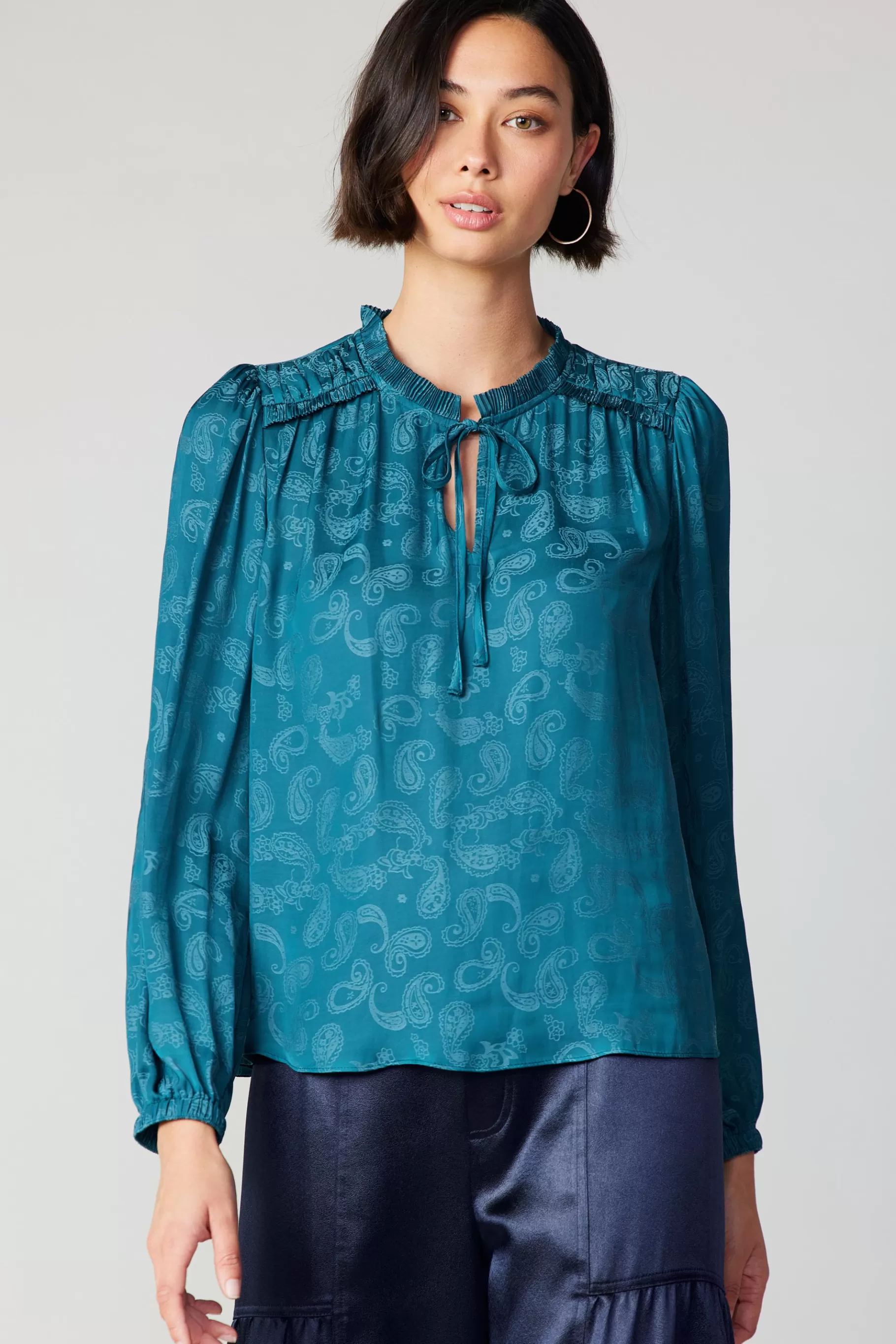 Current Air Long Sleeve Tops>Paisley Split Neck Blouse DEEPTEAL