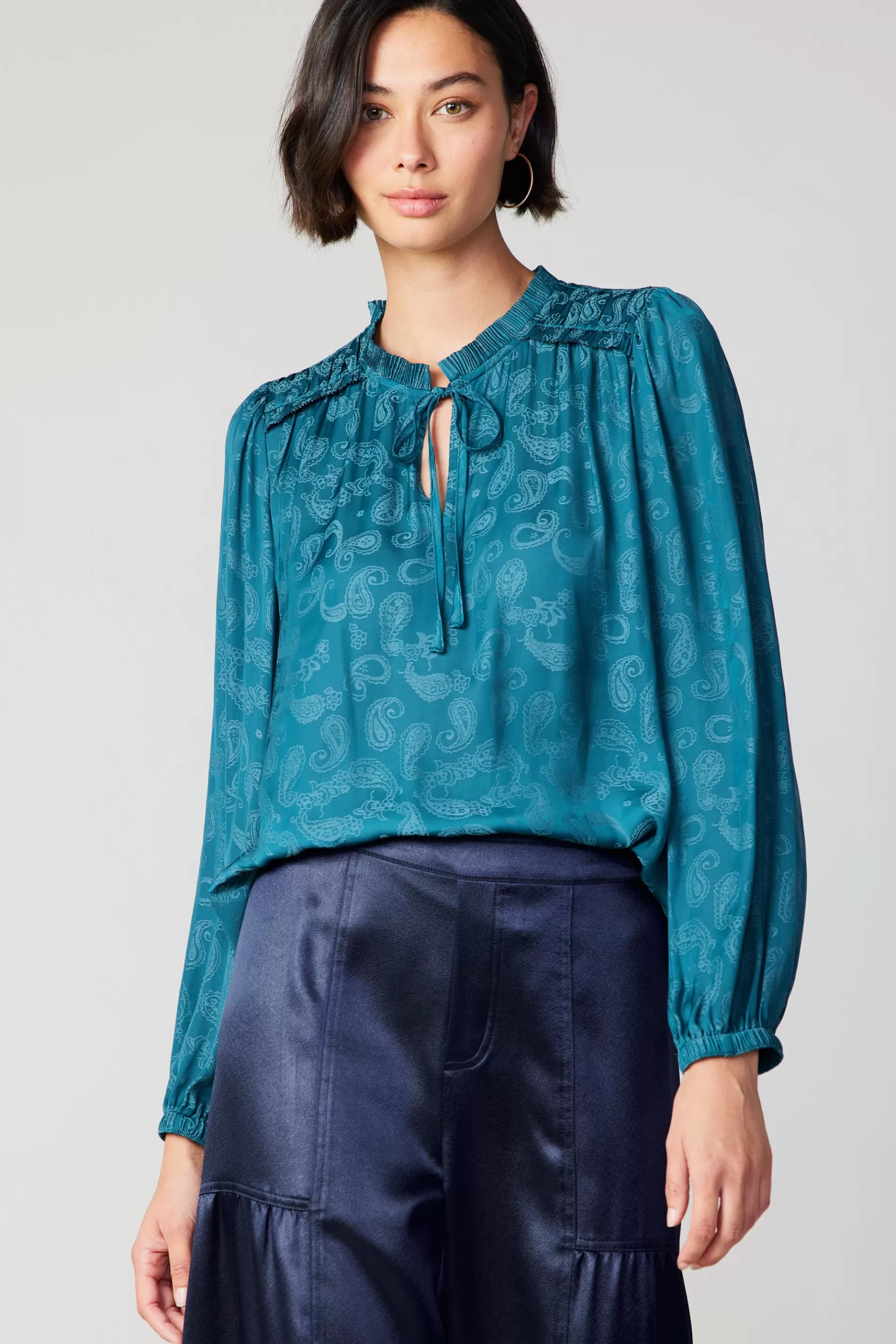 Current Air Long Sleeve Tops>Paisley Split Neck Blouse DEEPTEAL