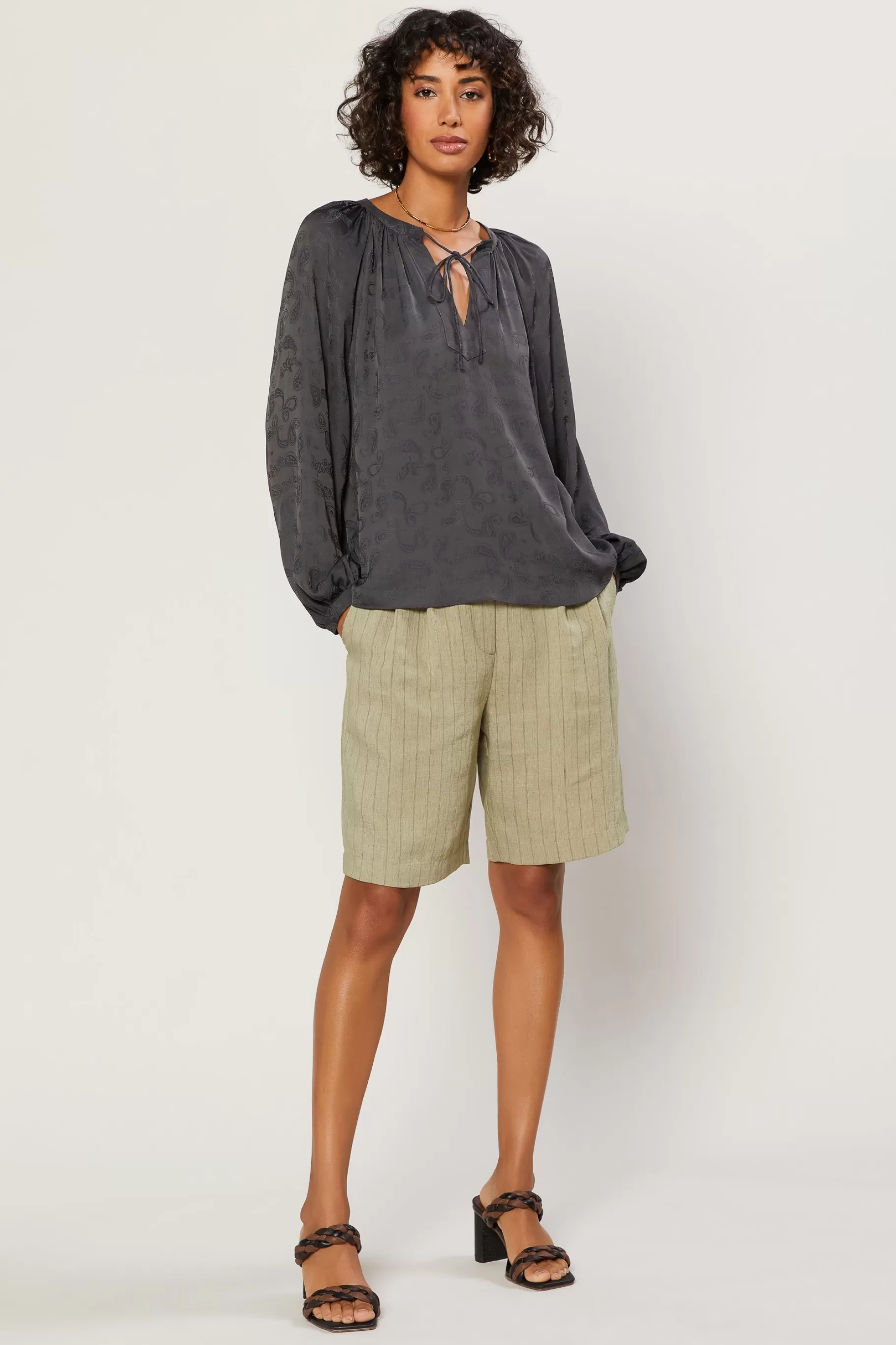 Current Air Long Sleeve Tops>Paisley Split Neck Top CHARCOAL