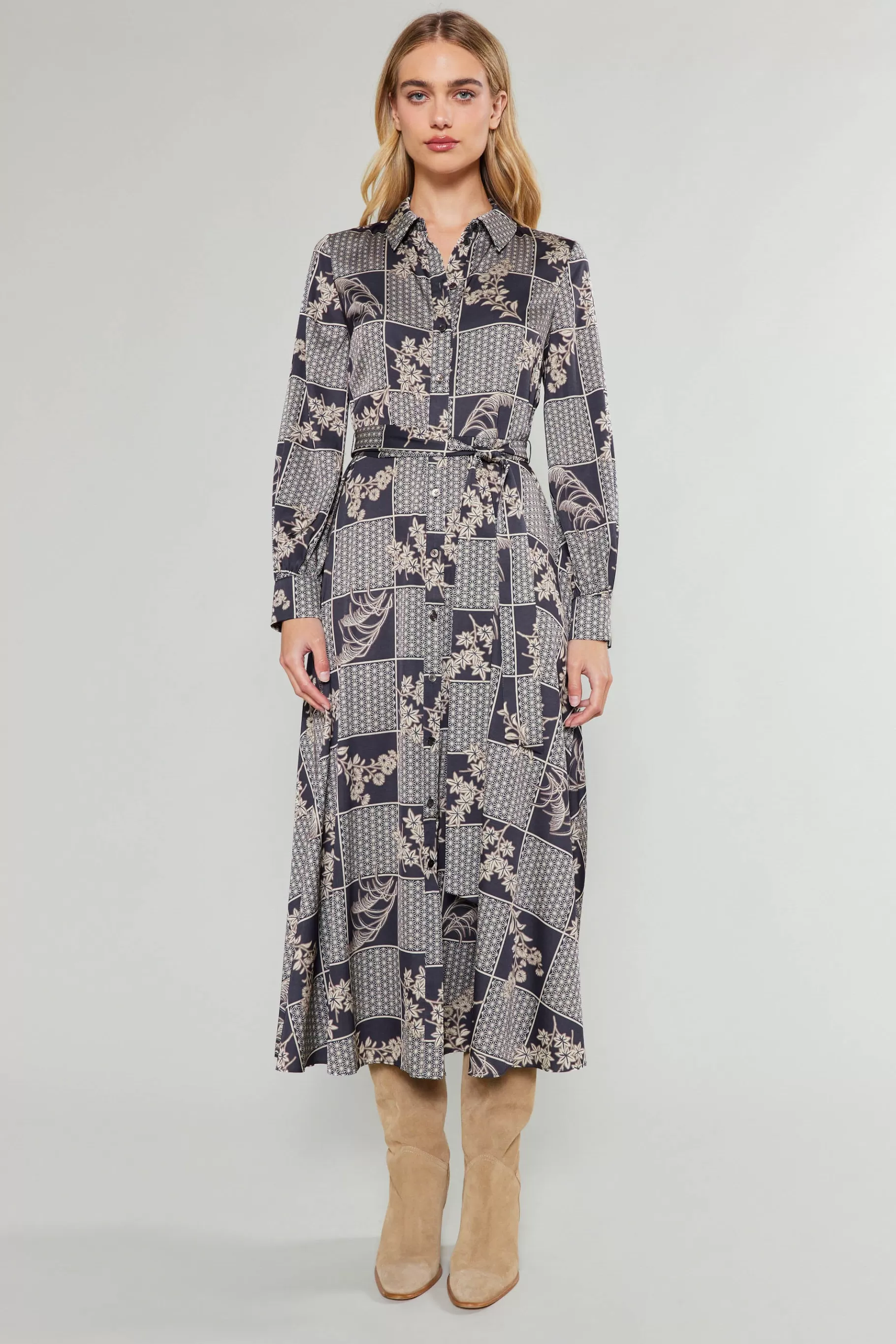 Current Air Midi Dresses>Paneled Buttonup Dress BLACKTAUPEMLT