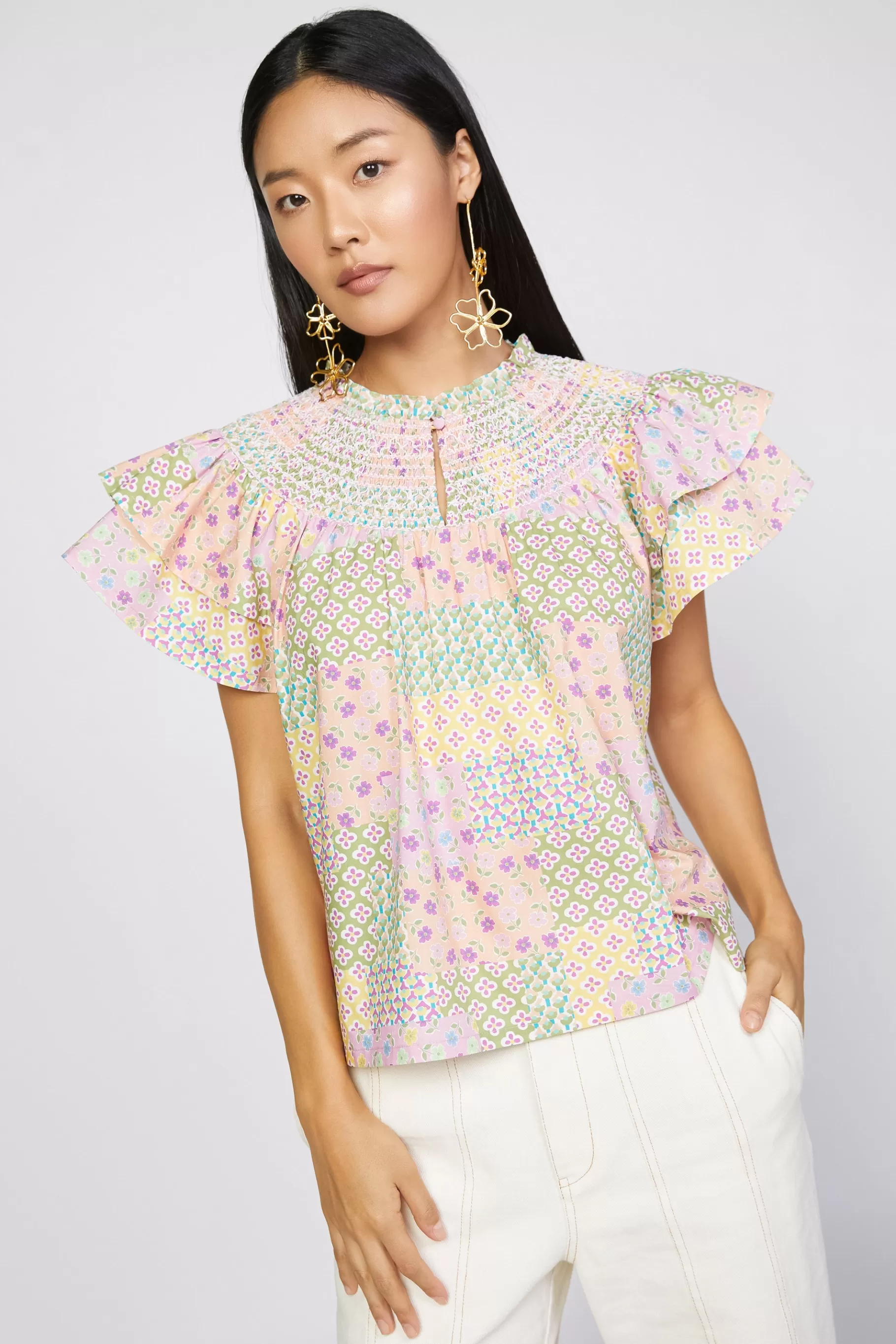 Current Air Short Sleeve Tops>Patchwork Flutter Sleeve Top MULTI