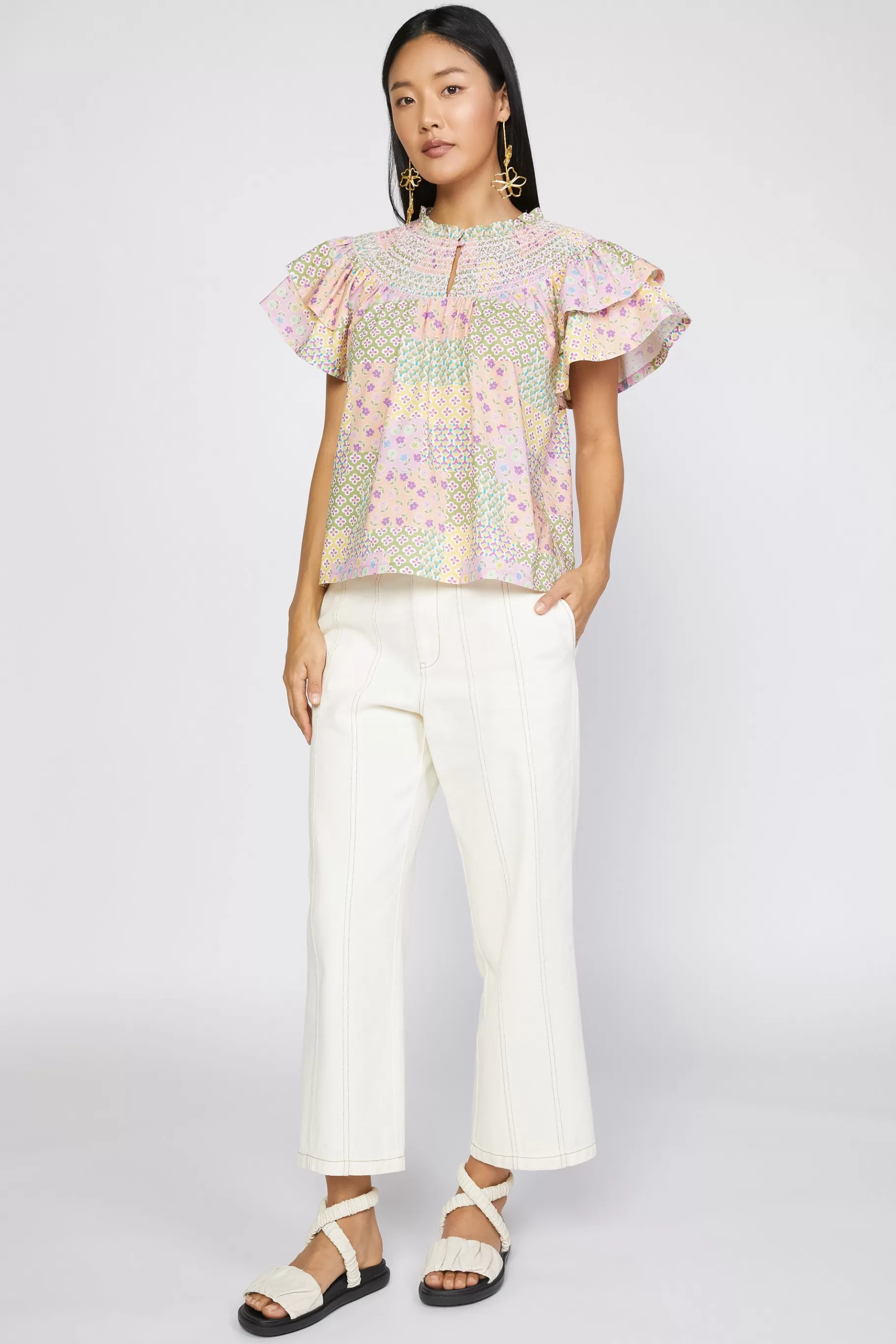 Current Air Short Sleeve Tops>Patchwork Flutter Sleeve Top MULTI