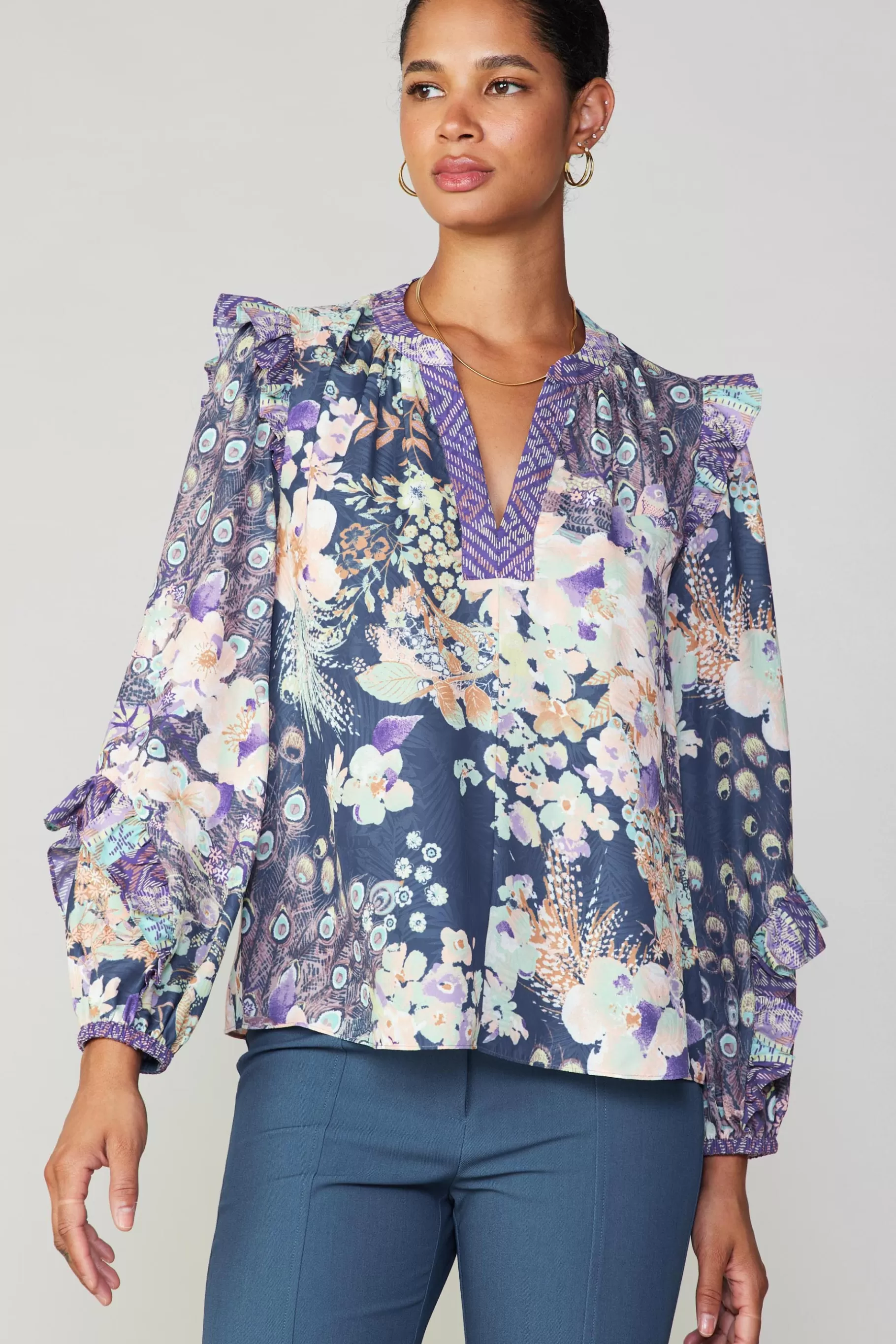 Current Air Long Sleeve Tops>Peacock Floral Blouse NAVYMULTI