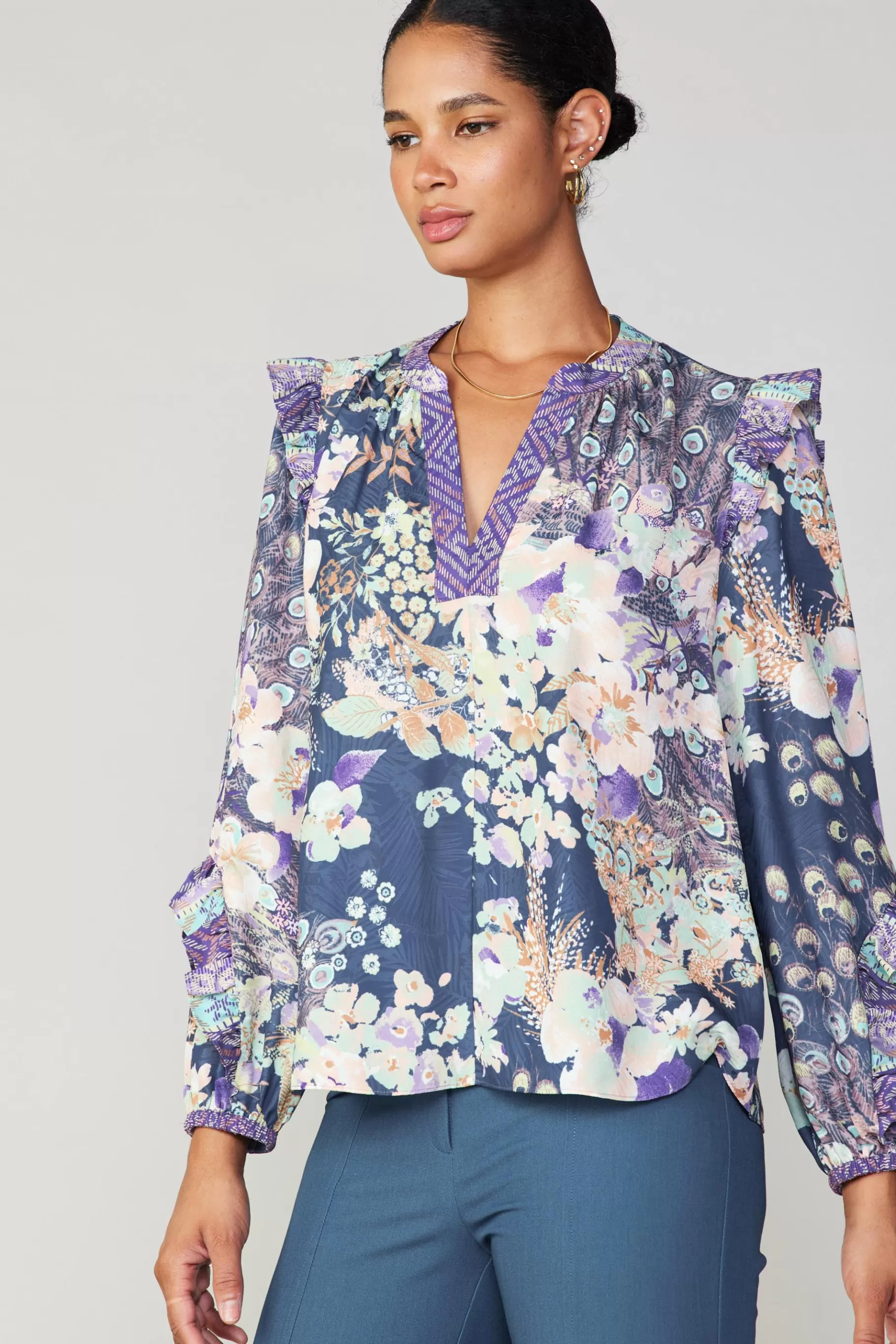 Current Air Long Sleeve Tops>Peacock Floral Blouse NAVYMULTI