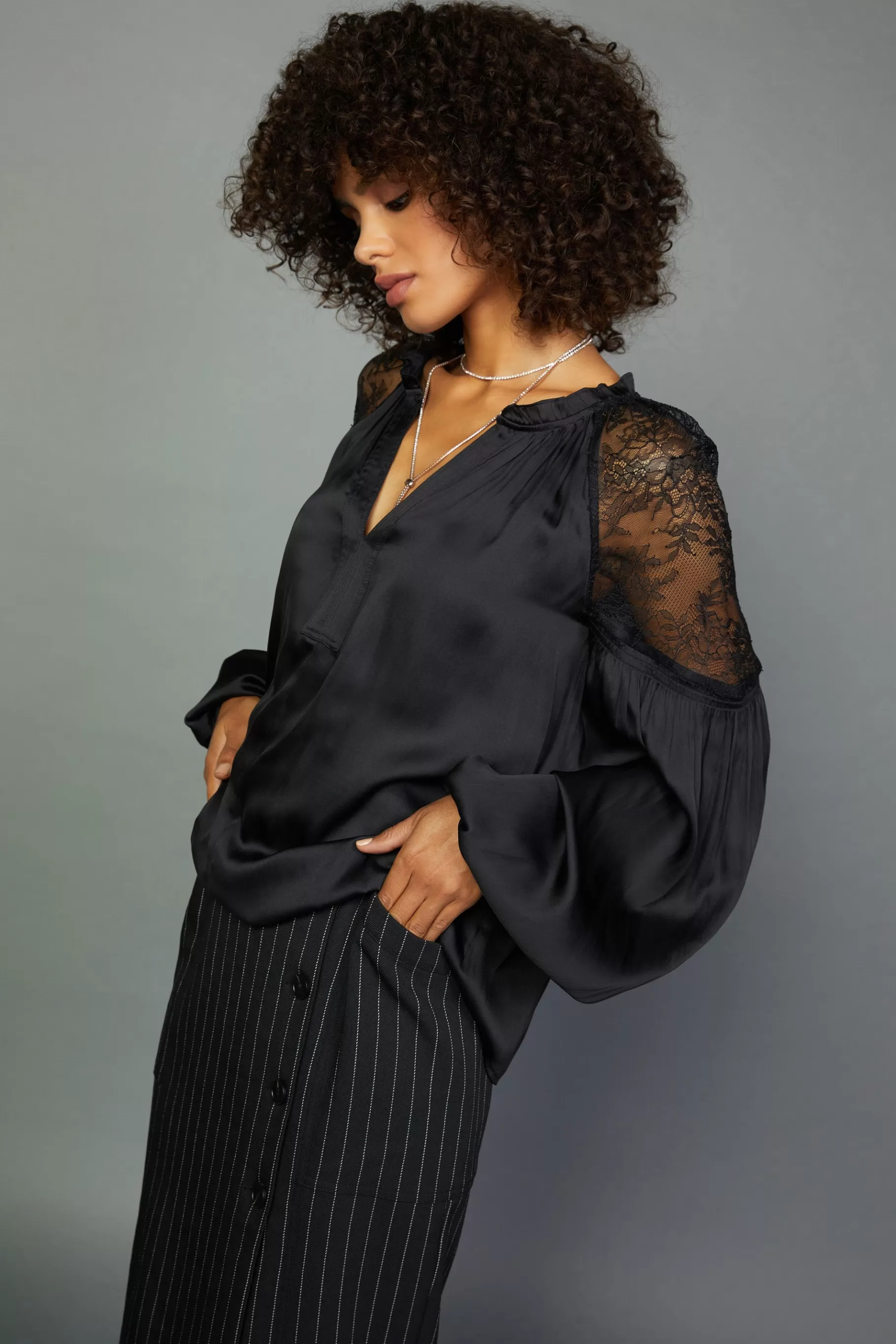 Current Air Long Sleeve Tops>Peekaboo Lace Blouse BLACK
