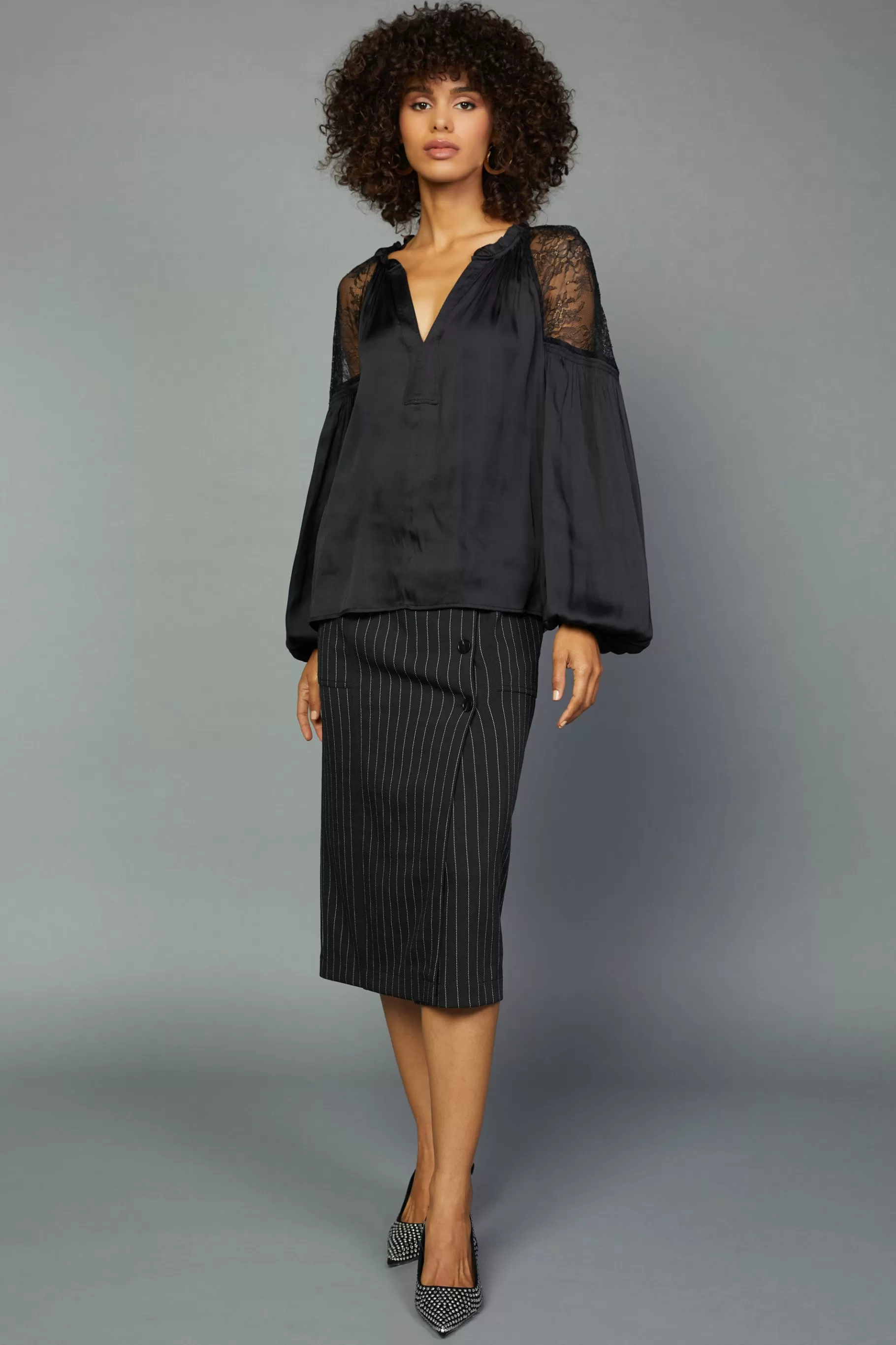 Current Air Long Sleeve Tops>Peekaboo Lace Blouse BLACK