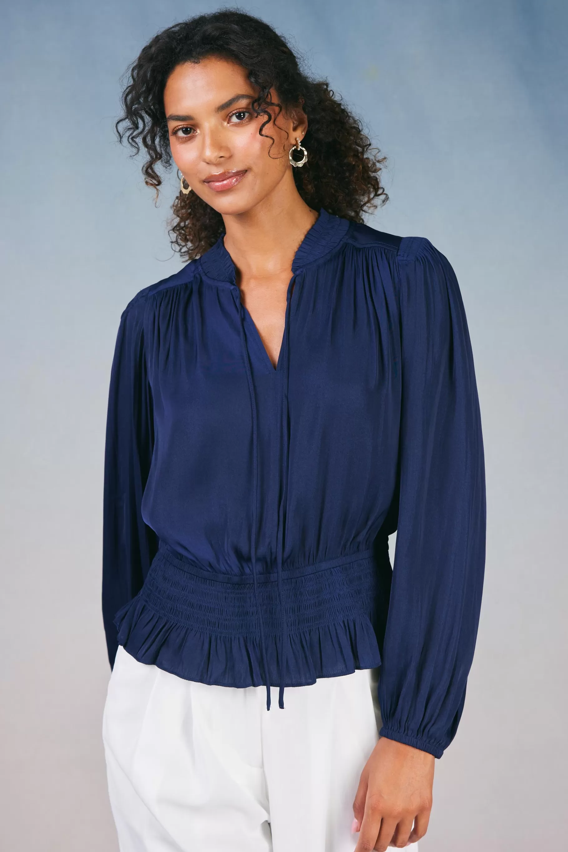 Current Air Long Sleeve Tops>Peplum Collared Blouse NAVY