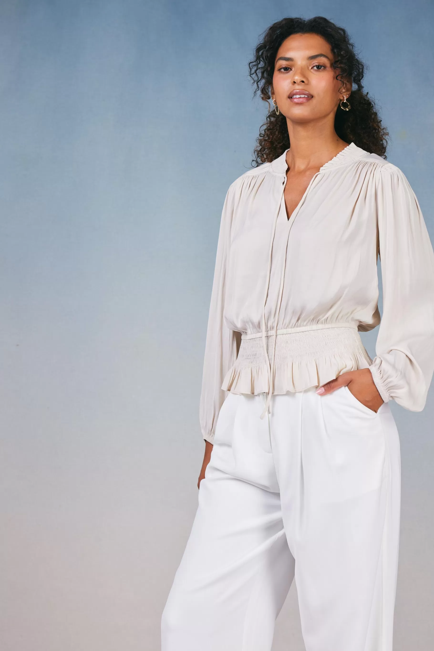 Current Air Long Sleeve Tops>Peplum Collared Blouse ECRU