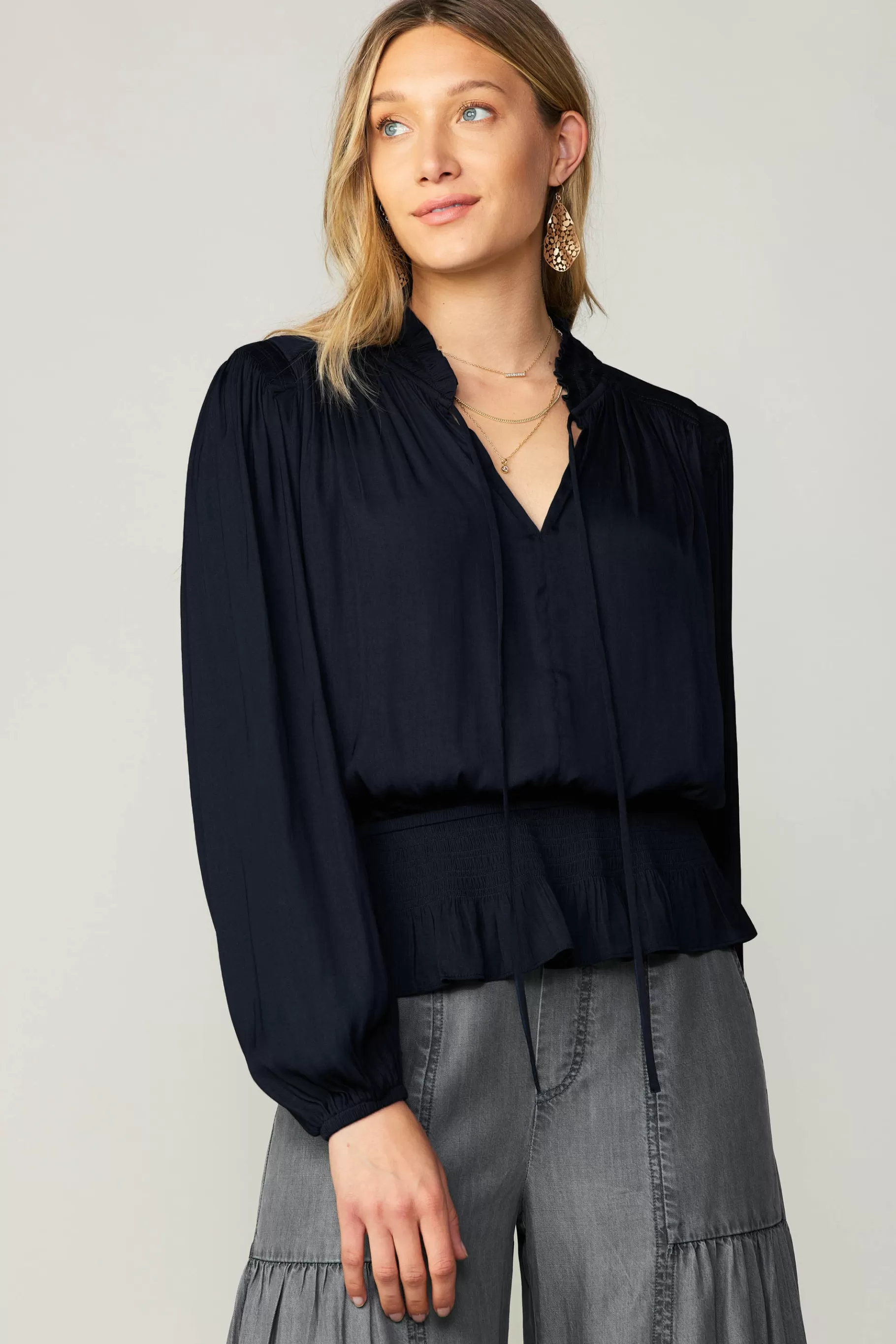 Current Air Long Sleeve Tops>Peplum Collared Blouse BLACK