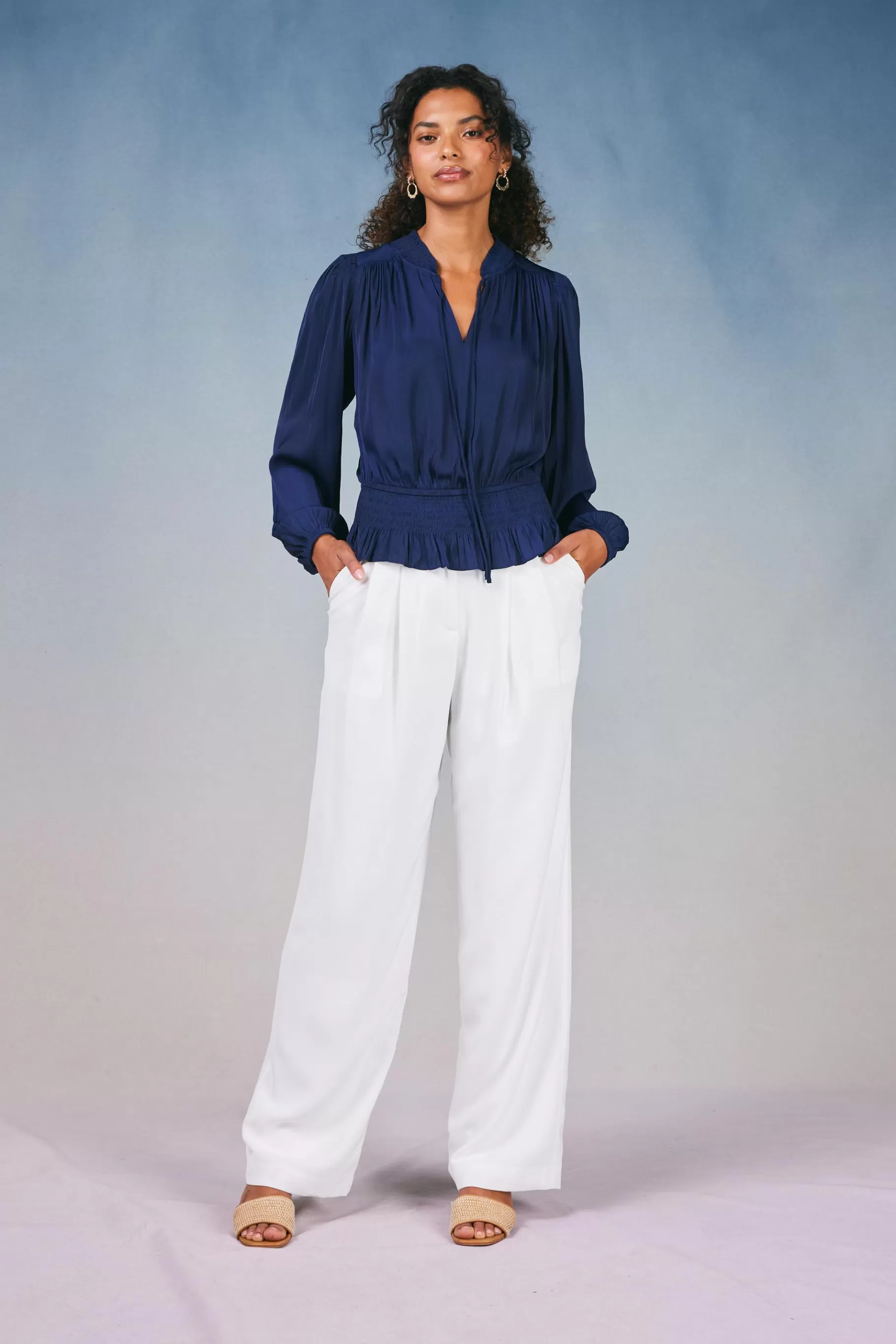 Current Air Long Sleeve Tops>Peplum Collared Blouse NAVY