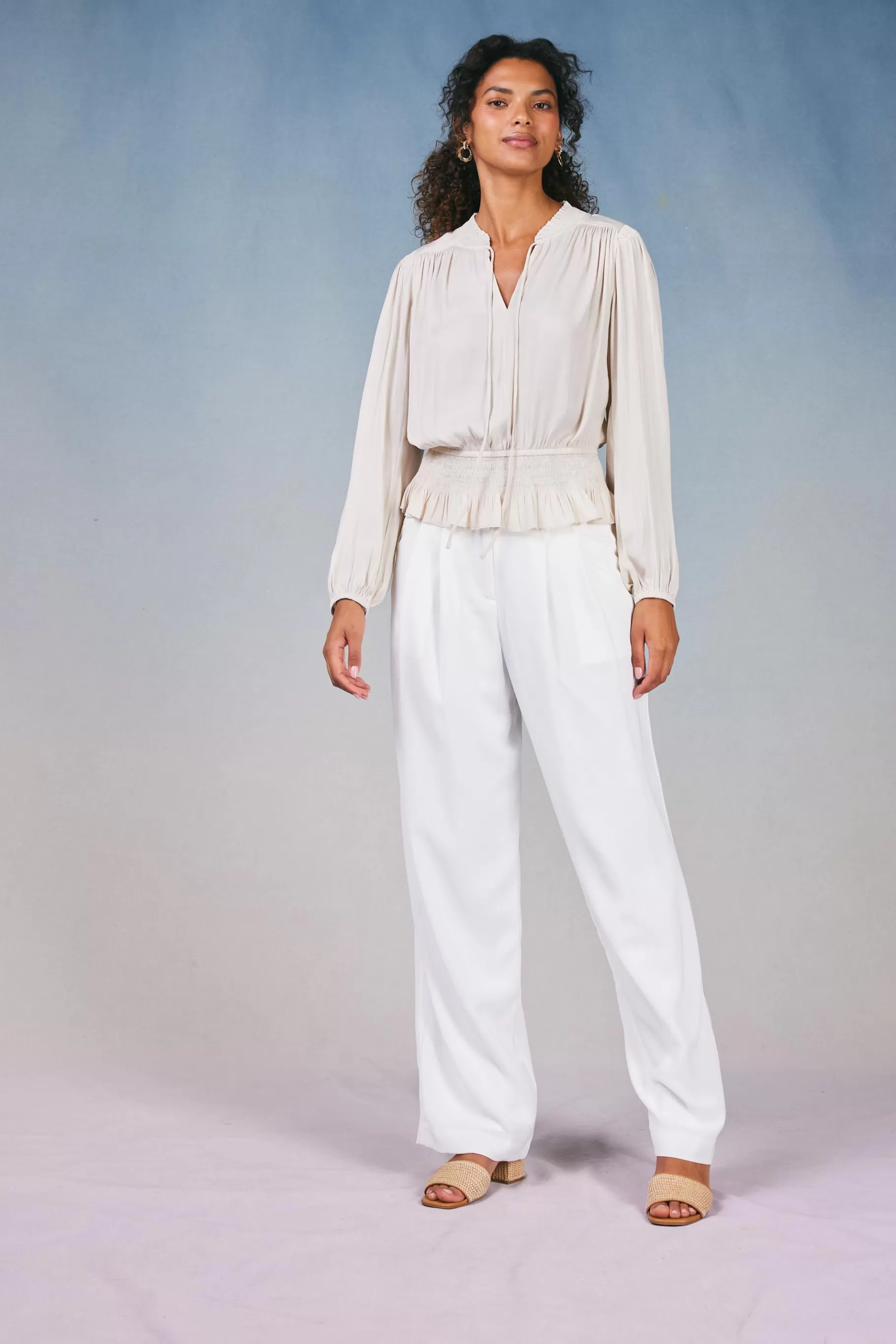 Current Air Long Sleeve Tops>Peplum Collared Blouse ECRU