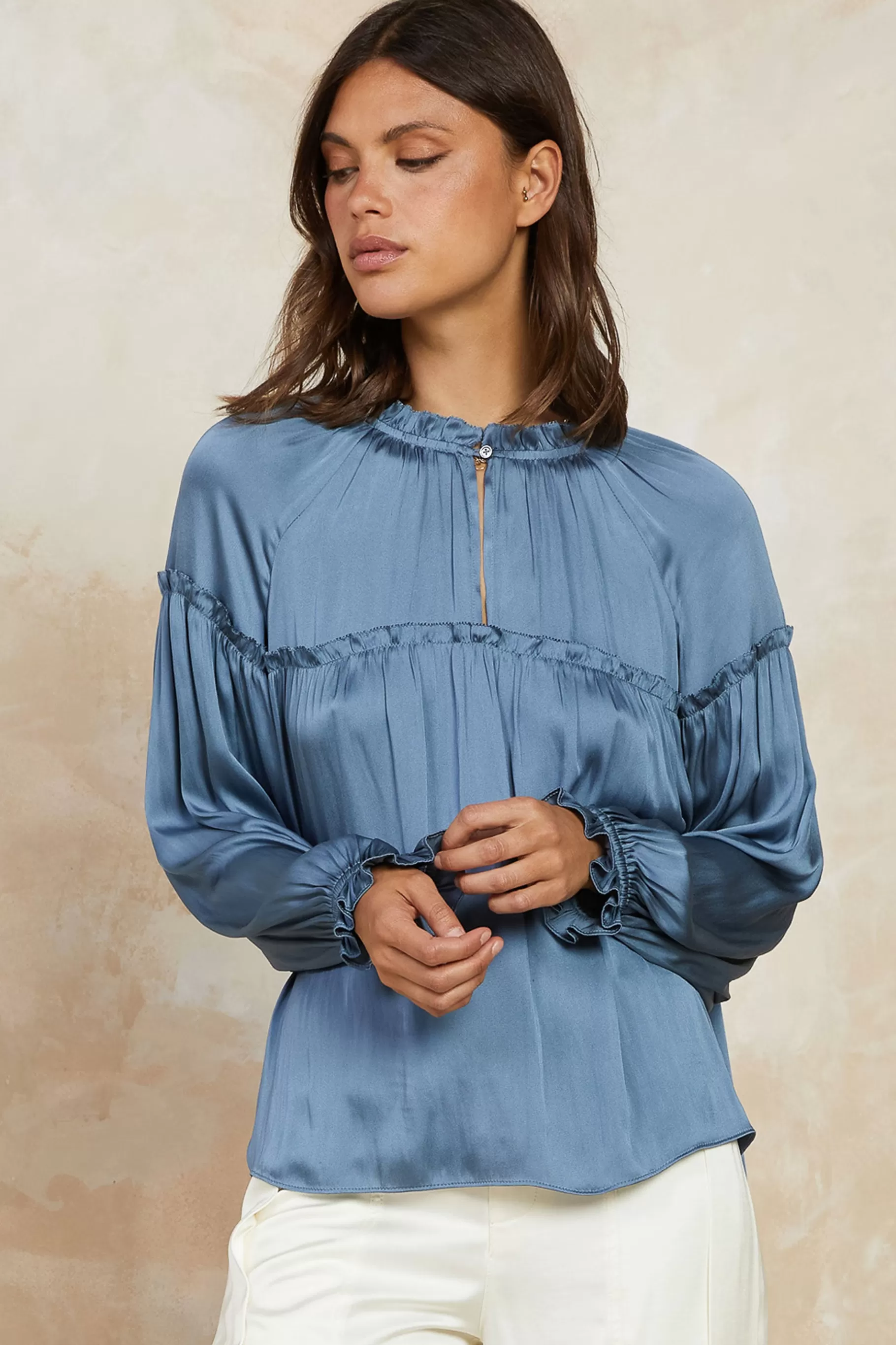 Current Air Long Sleeve Tops>Picot Ruffled Blouse SLATEBLUE