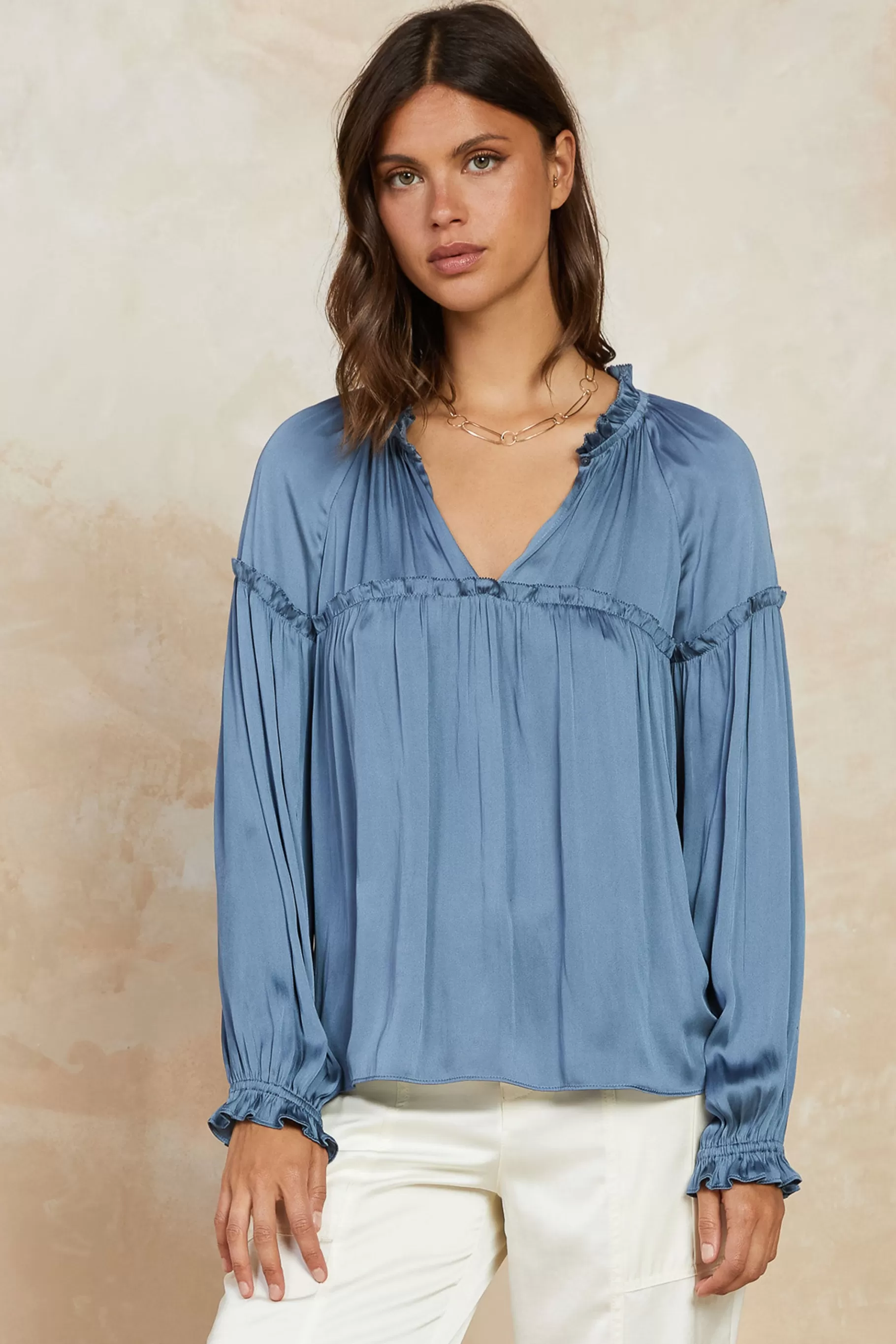 Current Air Long Sleeve Tops>Picot Ruffled Blouse SLATEBLUE