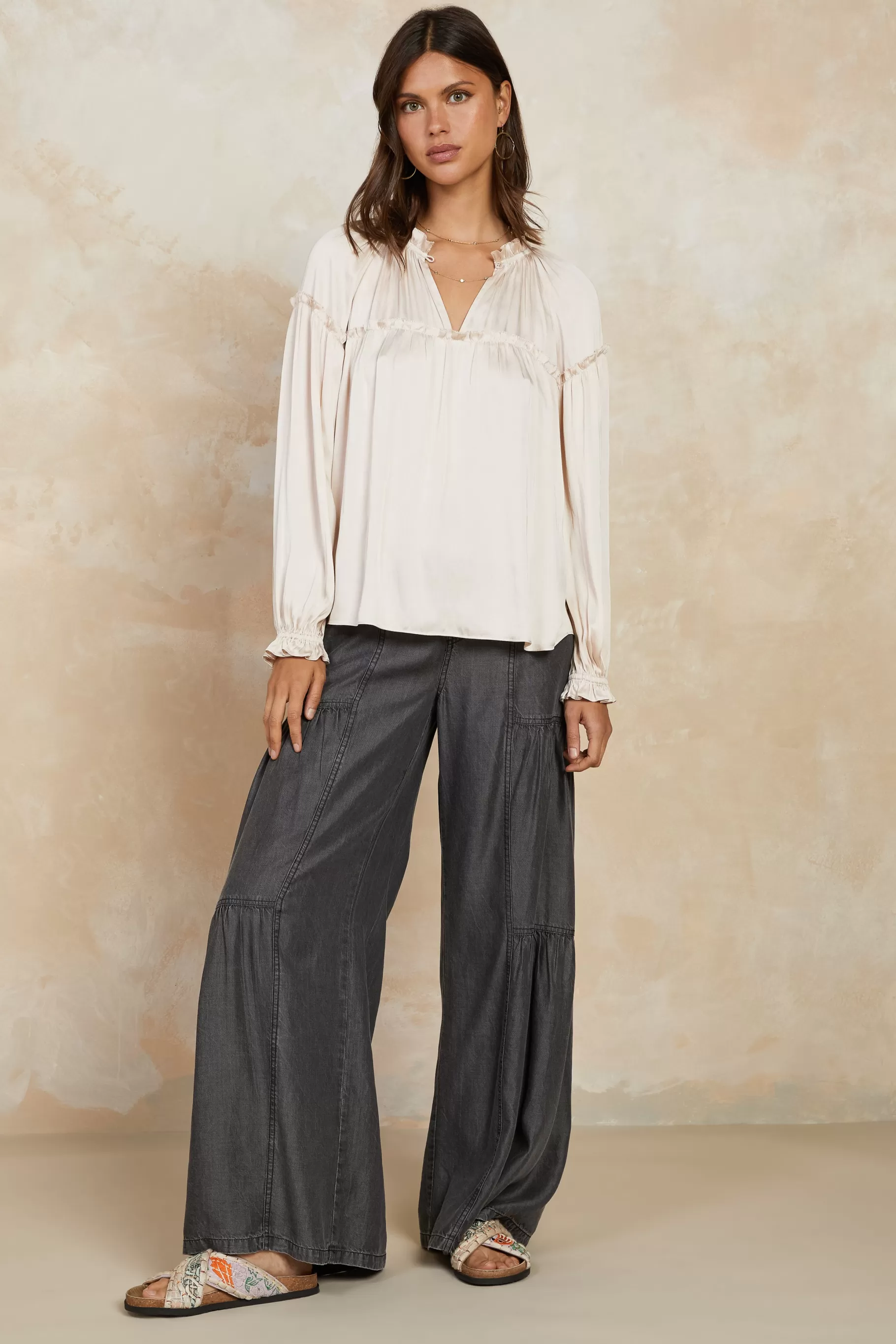 Current Air Long Sleeve Tops>Picot Ruffled Blouse ECRU