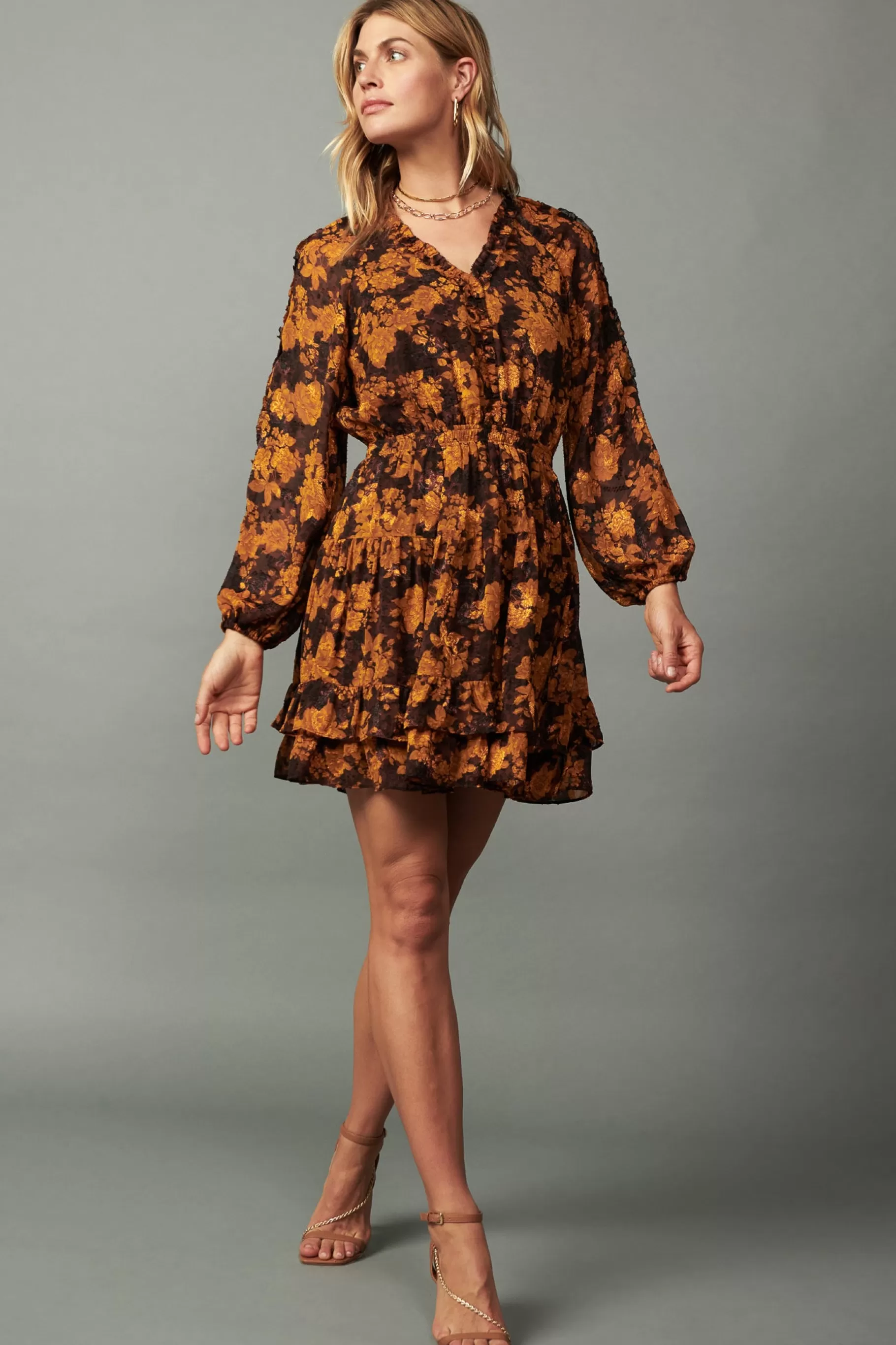 Current Air Mini Dresses>Picot Stitch Ruffled Mini Dress BROWNORANGEFLORAL