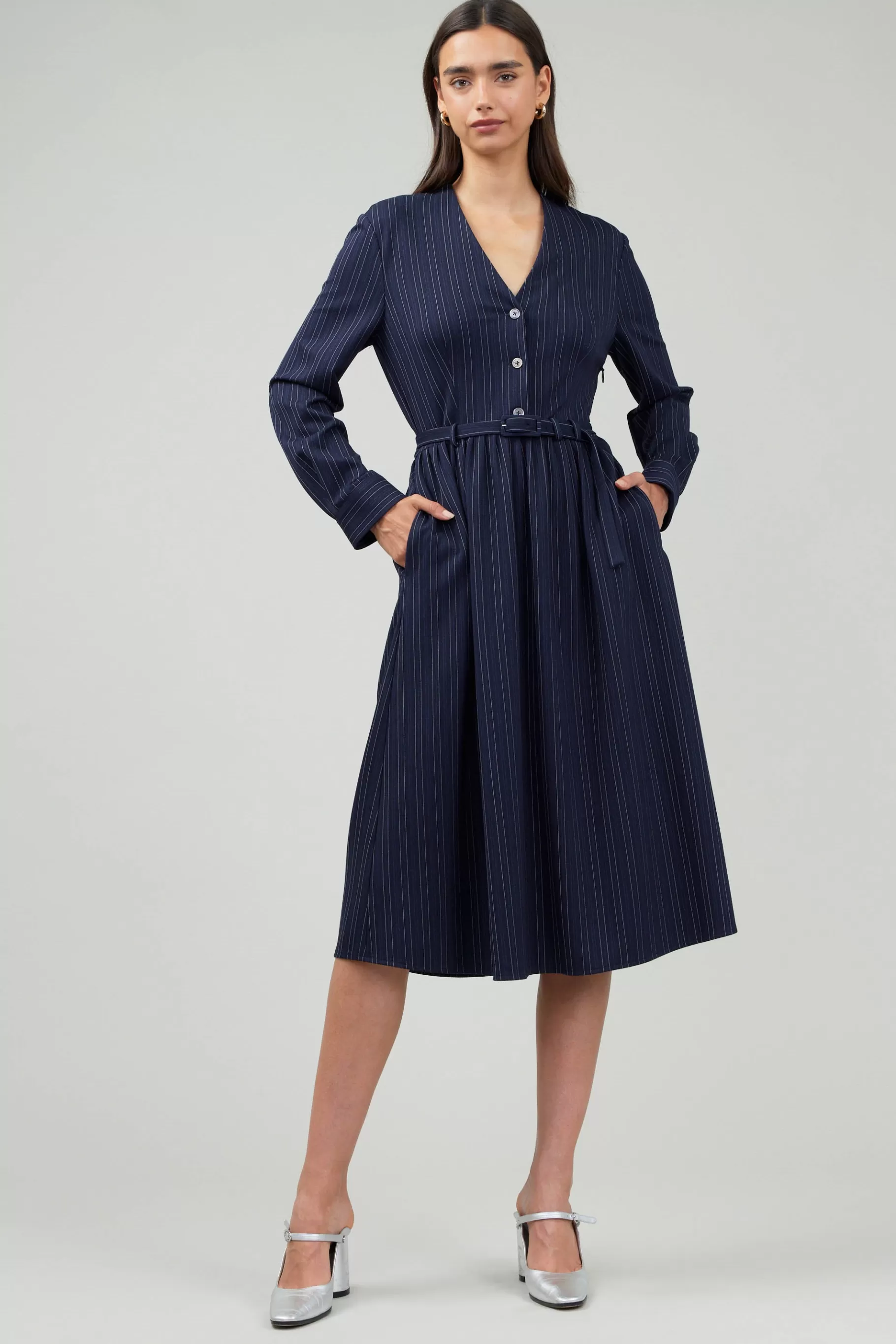 Current Air Midi Dresses>Pinstriped Buttondown Midi Dress NAVY
