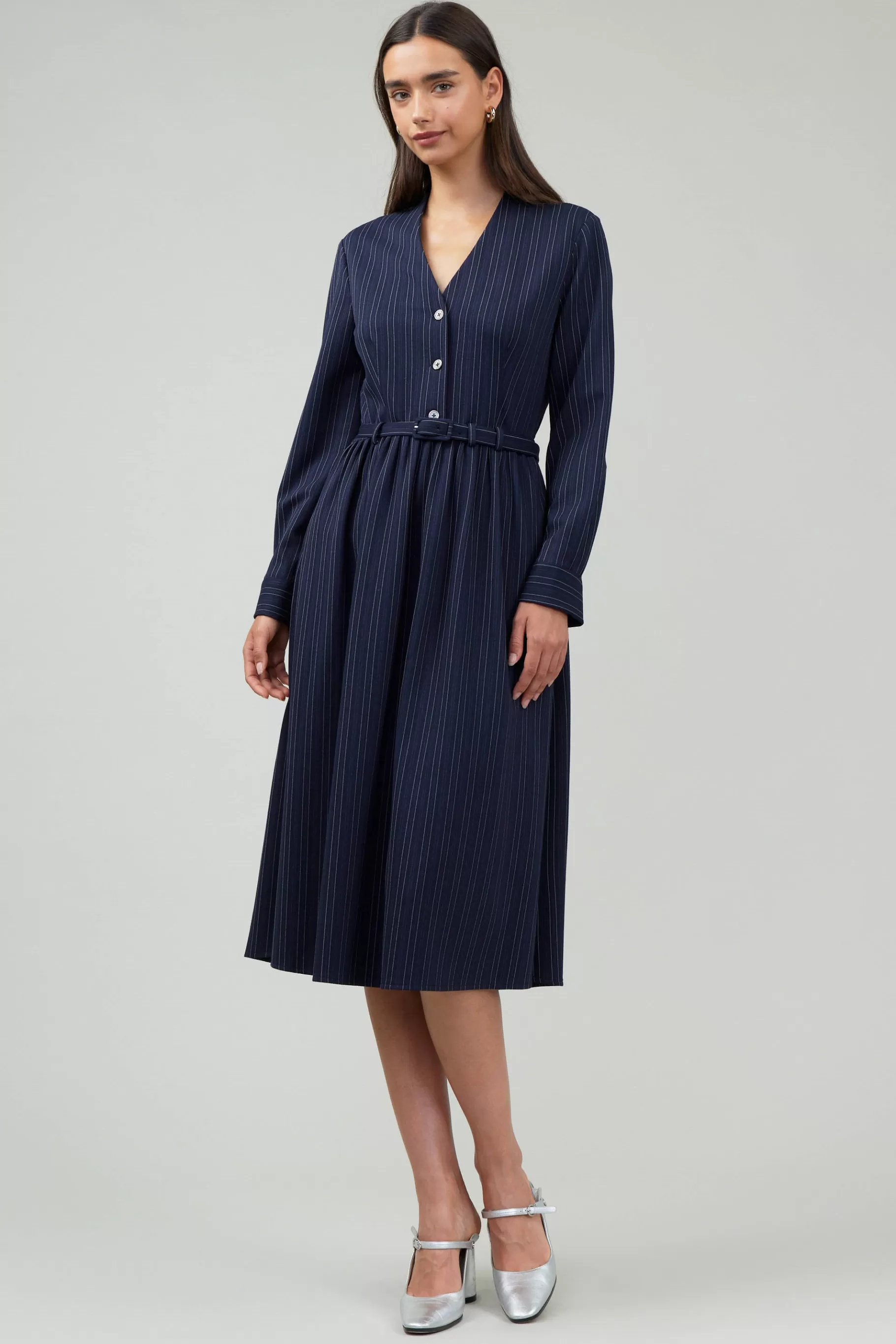 Current Air Midi Dresses>Pinstriped Buttondown Midi Dress NAVY