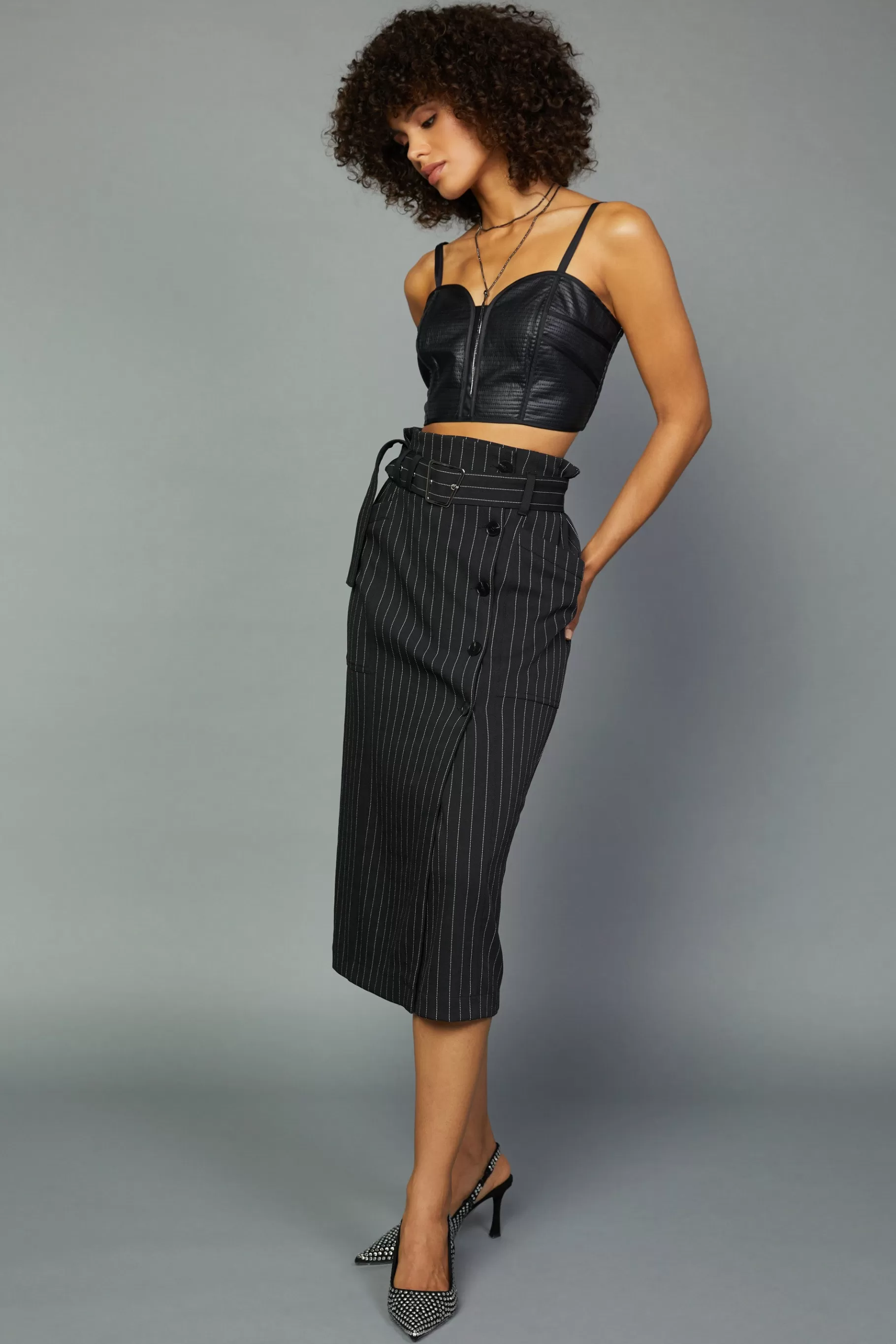Current Air Skirts>Pinstriped Midi Skirt BLACKSTRIPE