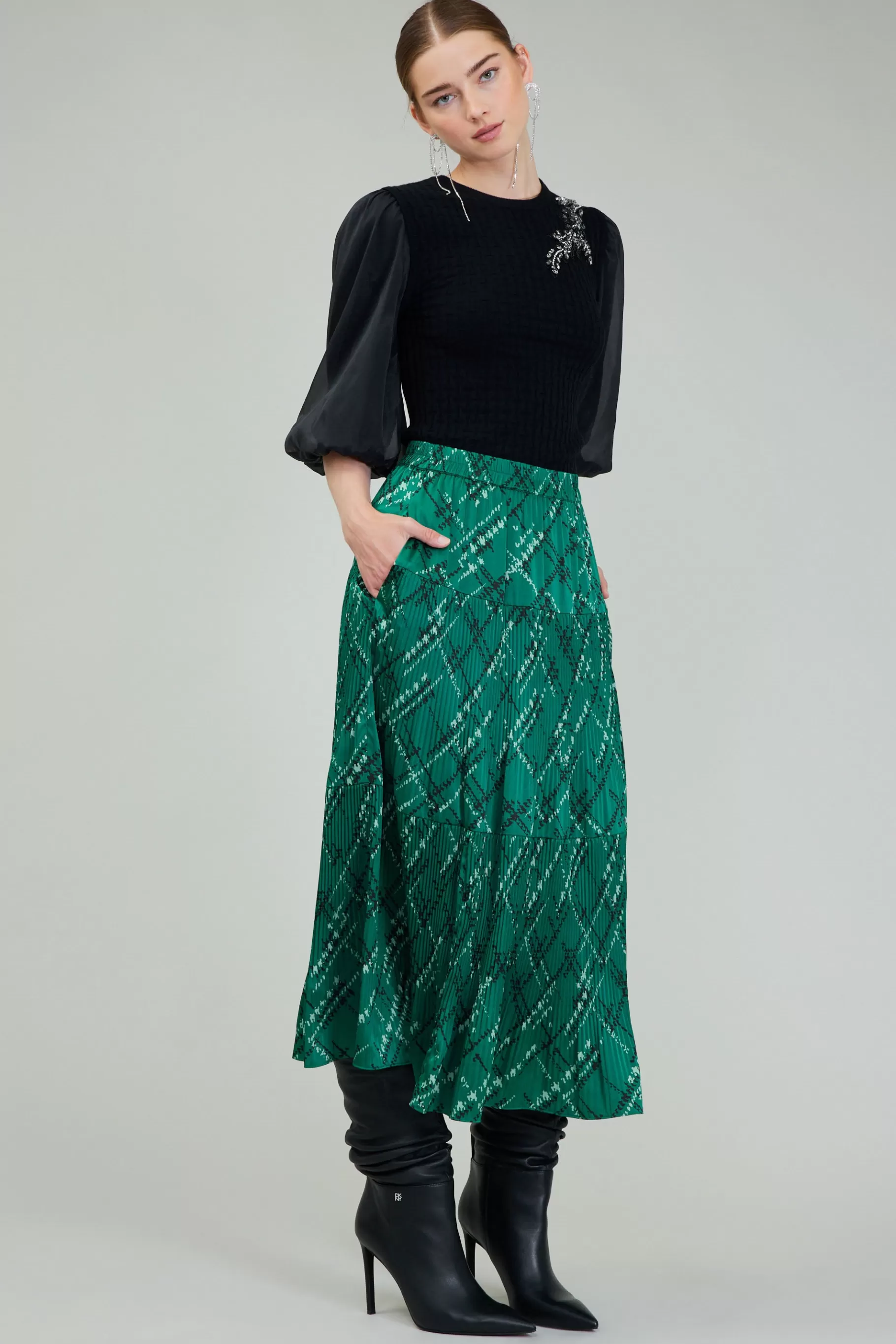 Current Air Skirts>Plaid Pattern Midi Skirt GREEN