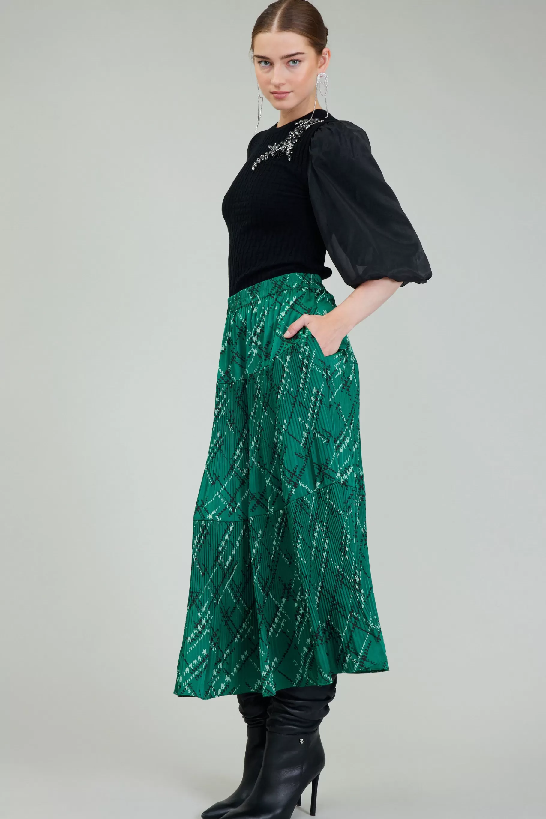 Current Air Skirts>Plaid Pattern Midi Skirt GREEN