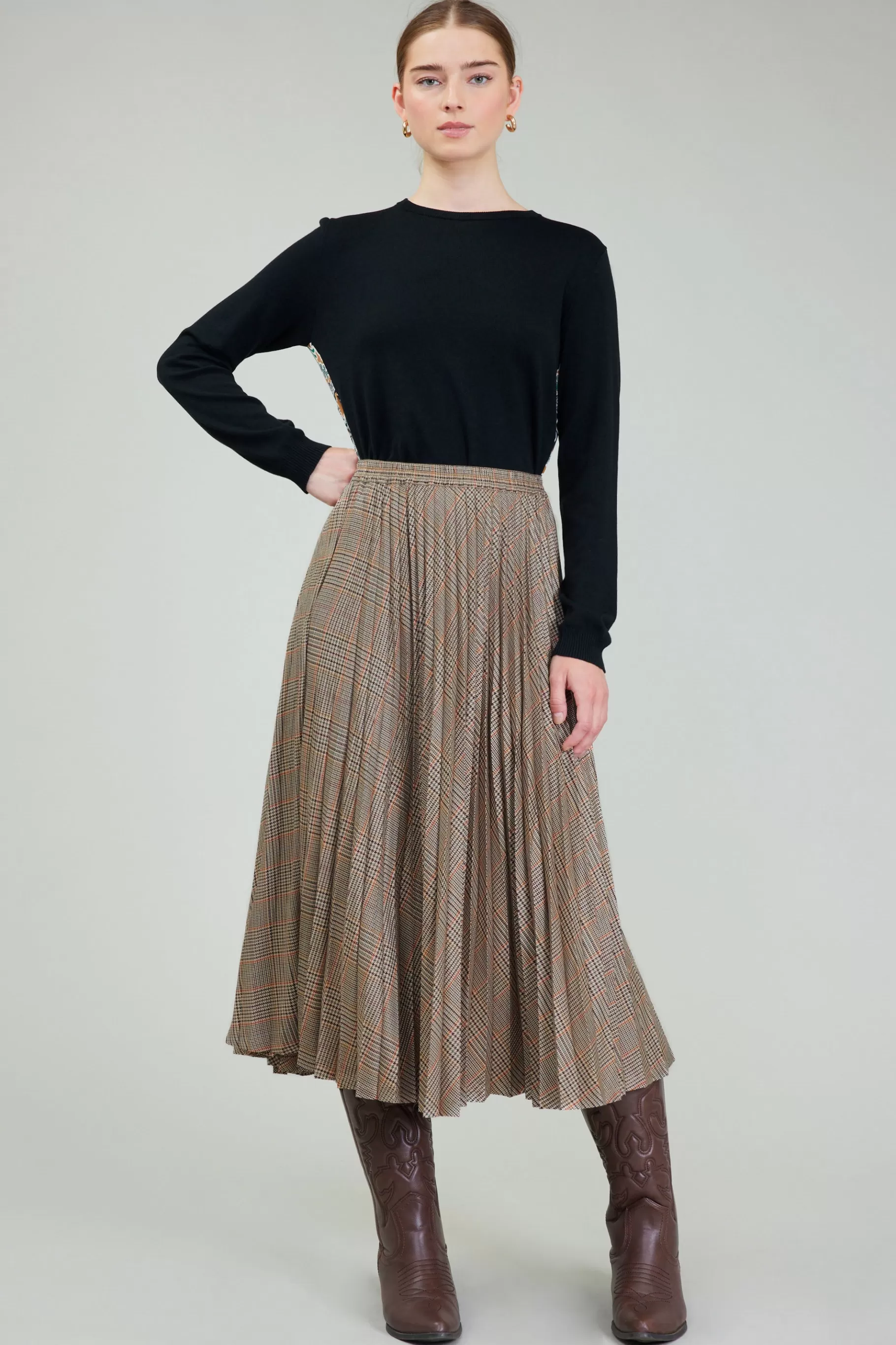 Current Air Skirts>Plaid Pleated Midi Skirt CAMELMLT