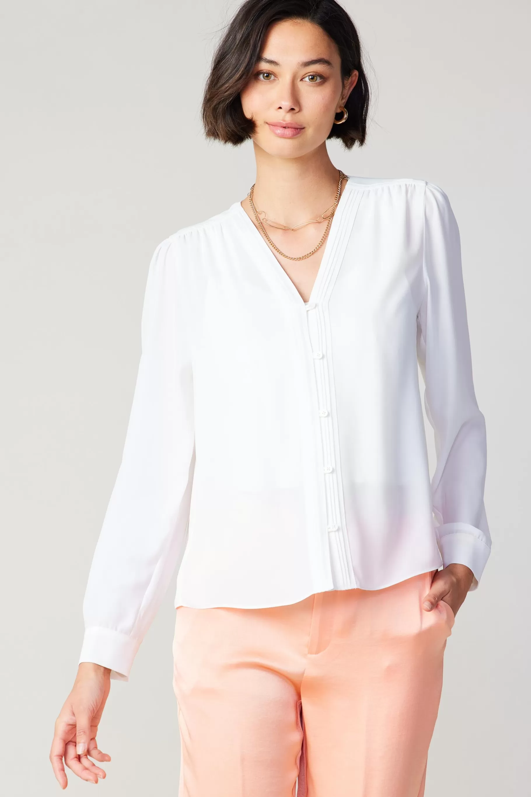 Current Air Long Sleeve Tops>Pleat Detail Buttondown Shirt WHITE