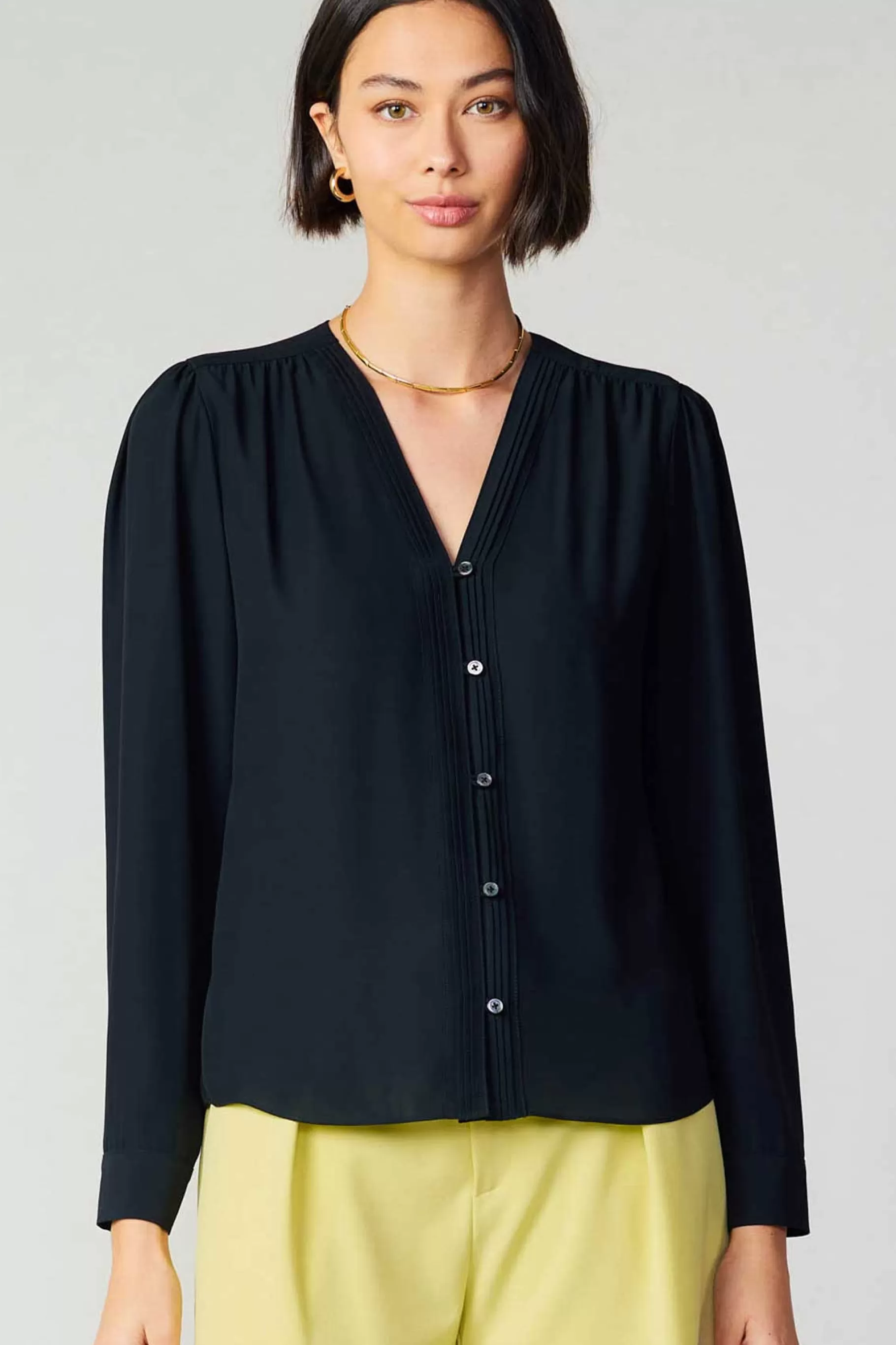 Current Air Long Sleeve Tops>Pleat Detail Buttondown Shirt BLACK