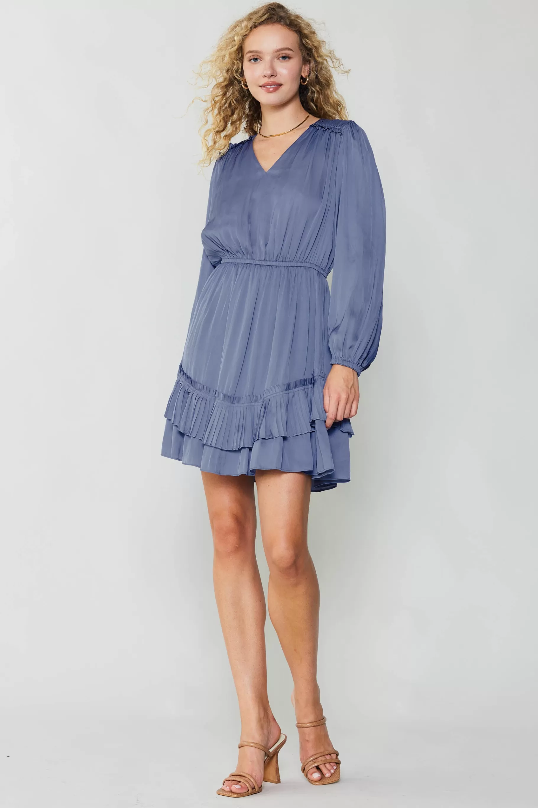 Current Air Mini Dresses>Pleat Detail Tiered Mini Dress FLORENTINEBLUE