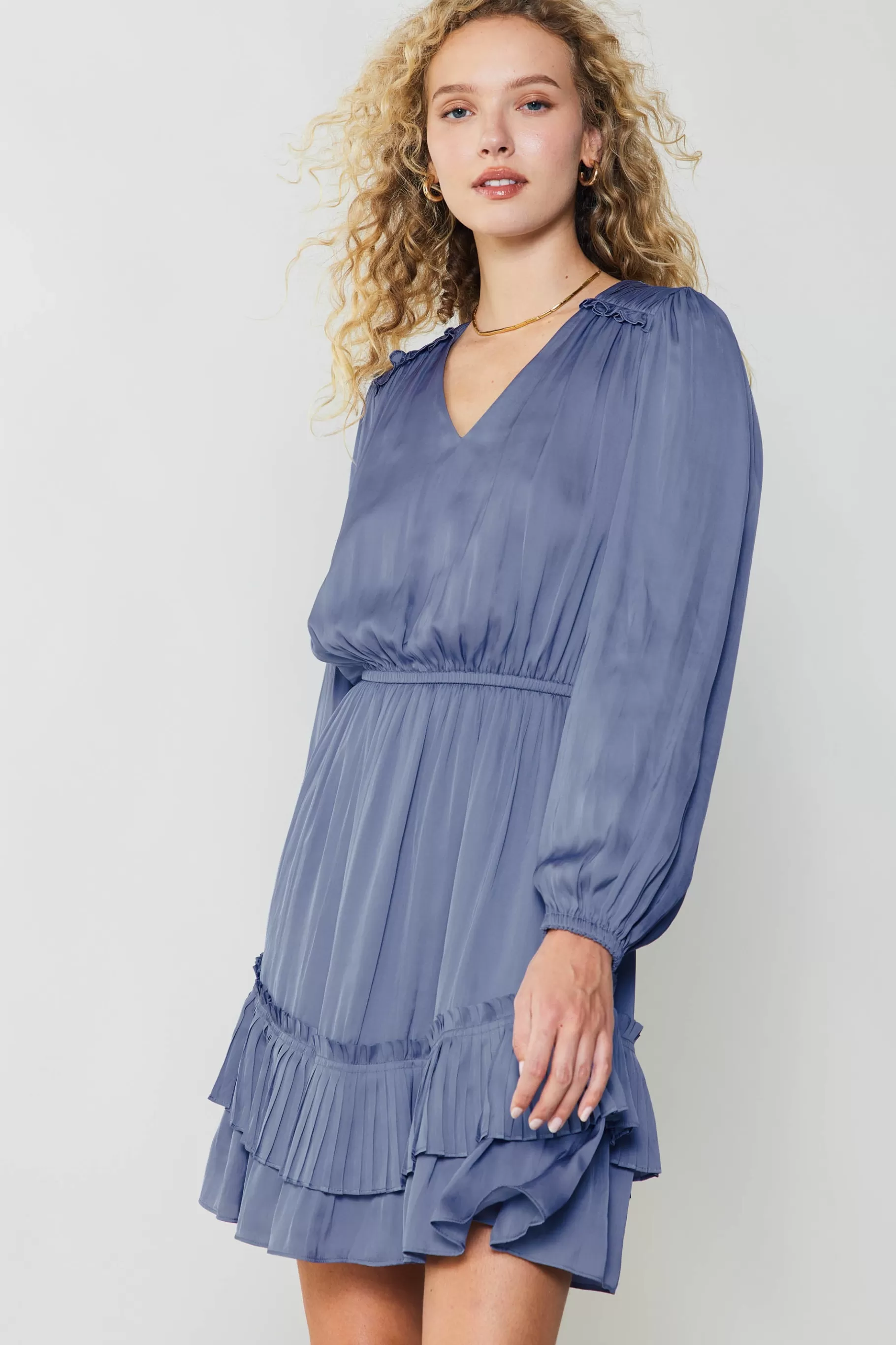 Current Air Mini Dresses>Pleat Detail Tiered Mini Dress FLORENTINEBLUE