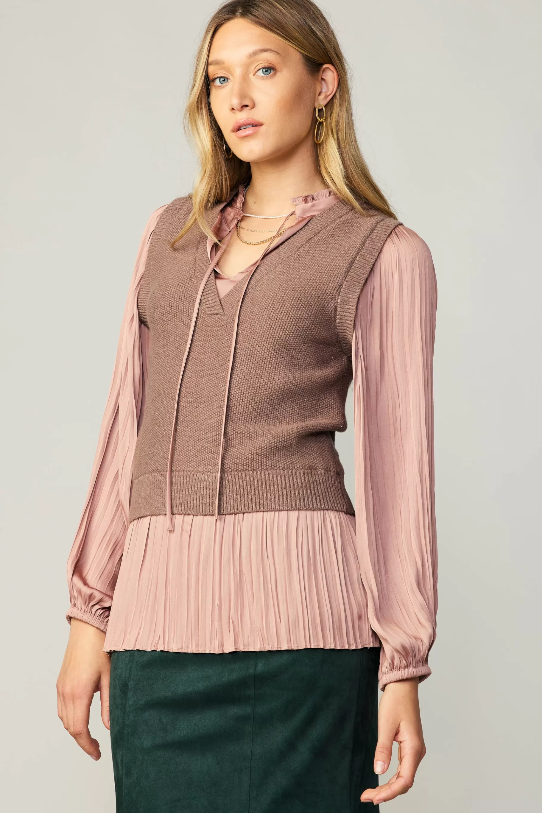 Current Air Sweaters>Pleated Blouse Sweater Vest DUSTYROSE