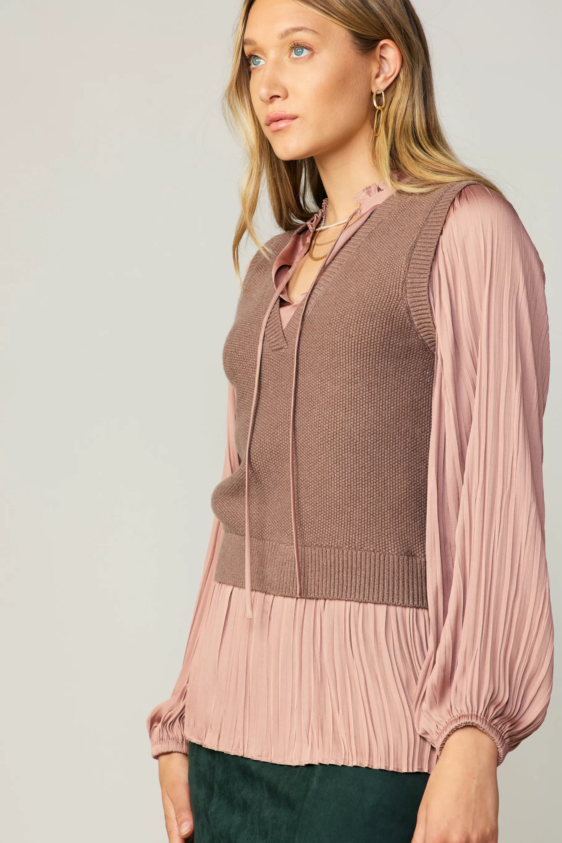 Current Air Sweaters>Pleated Blouse Sweater Vest DUSTYROSE