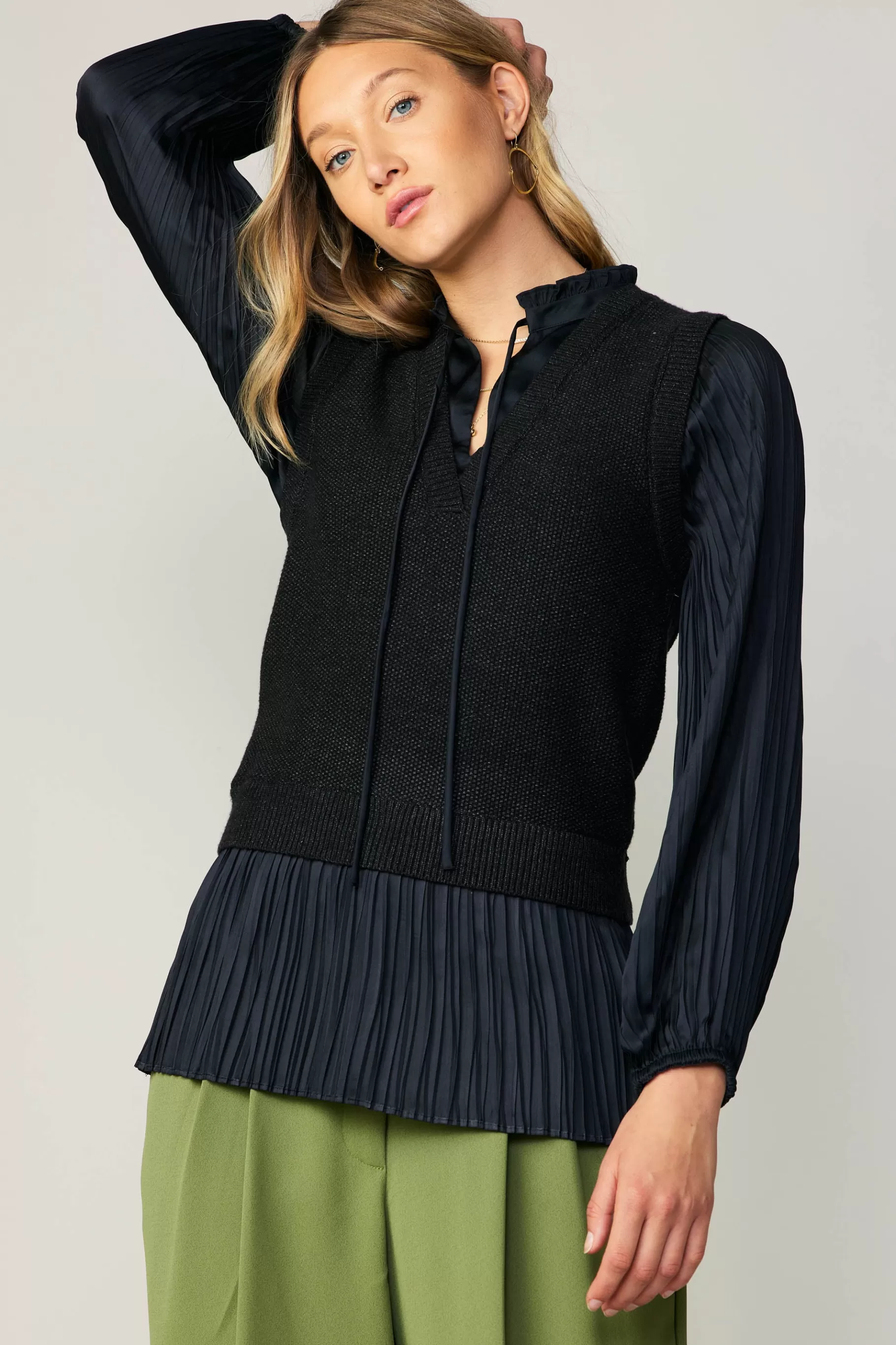 Current Air Sweaters>Pleated Blouse Sweater Vest BLACK