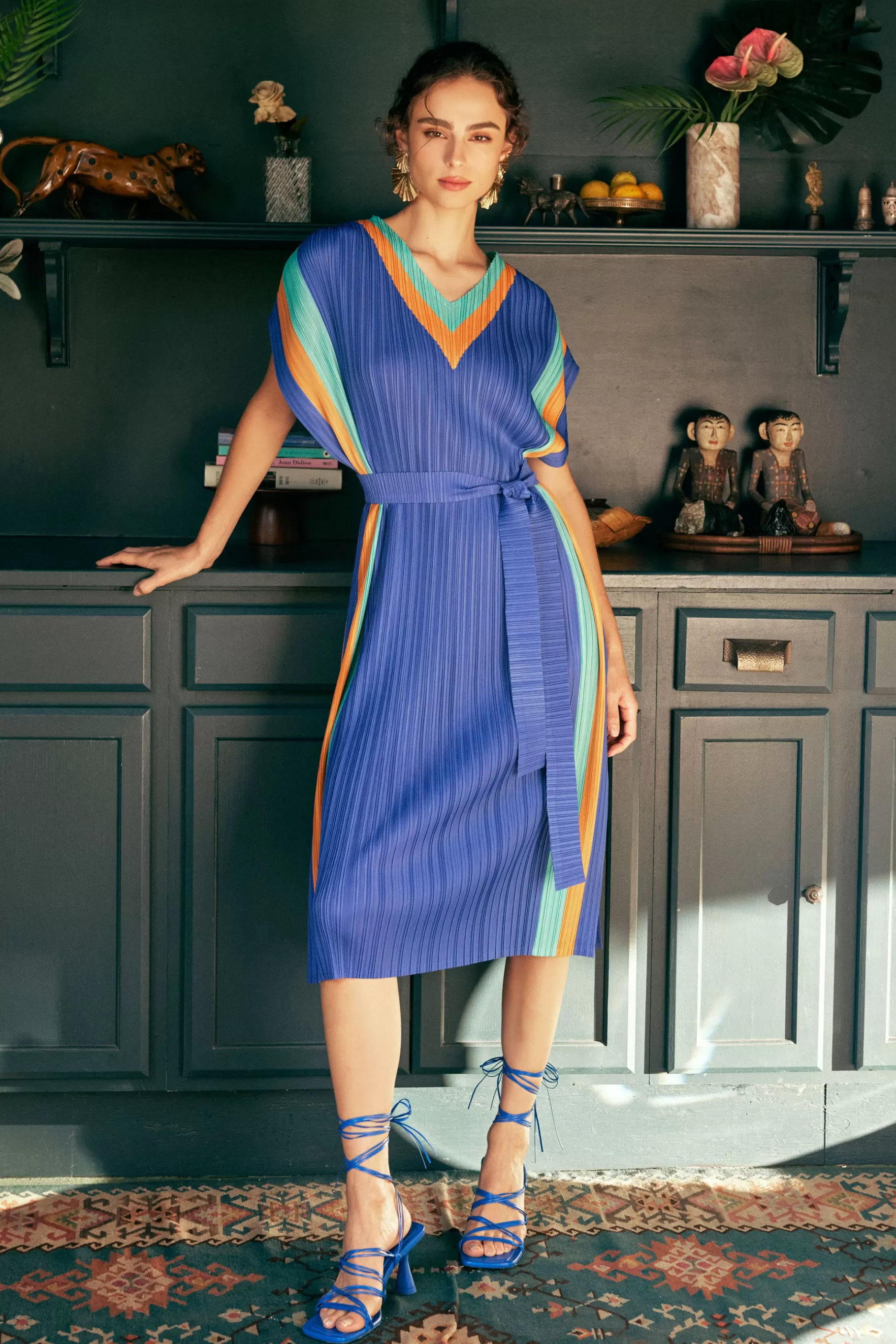 Current Air Maxi Dresses | Midi Dresses>Pleated Border Kaftan Dress BLUE