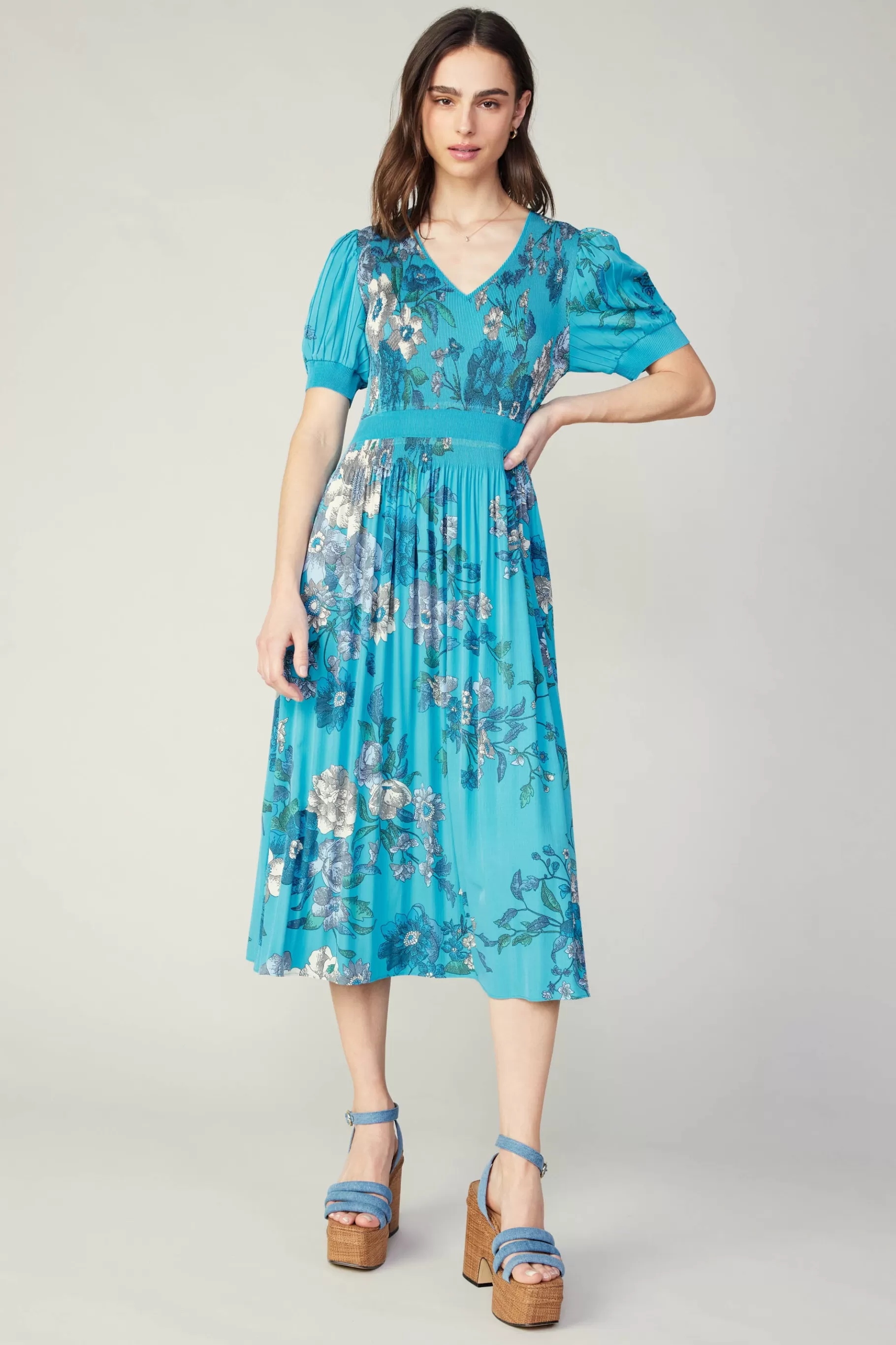 Current Air Midi Dresses>Pleated Botanical Midi Dress TURQUOISE