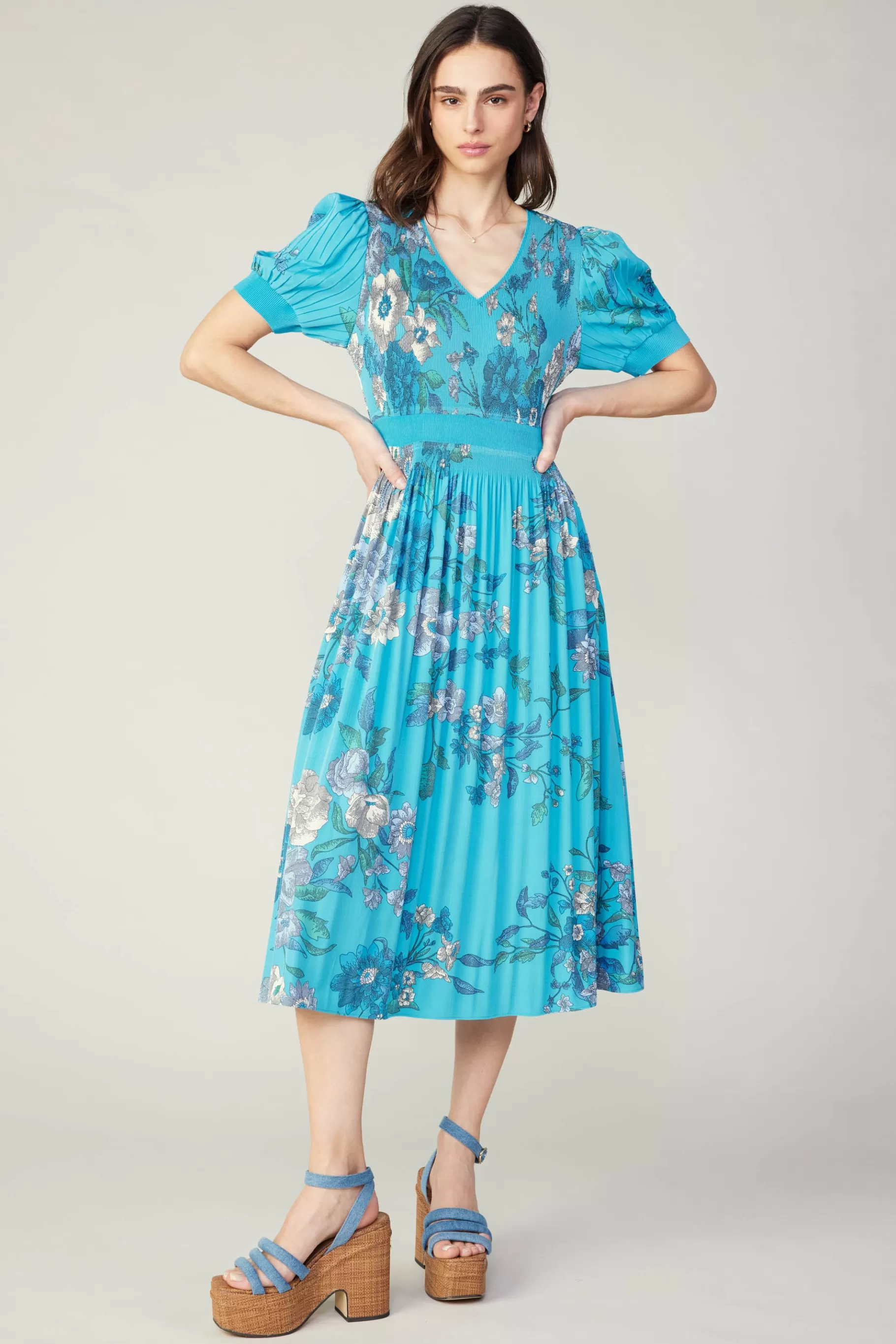 Current Air Midi Dresses>Pleated Botanical Midi Dress TURQUOISE