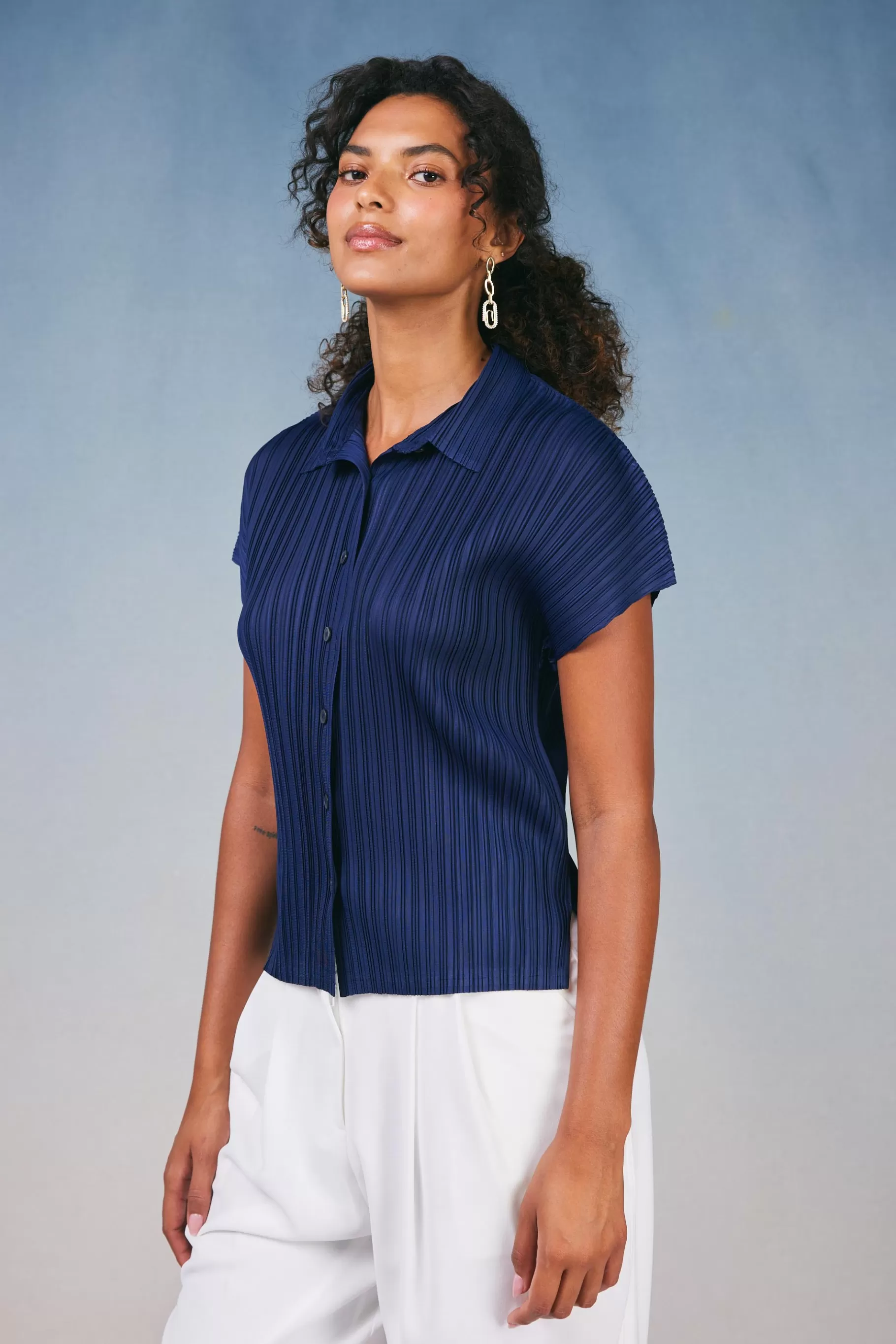 Current Air Short Sleeve Tops>Pleated Button Down Top NAVY