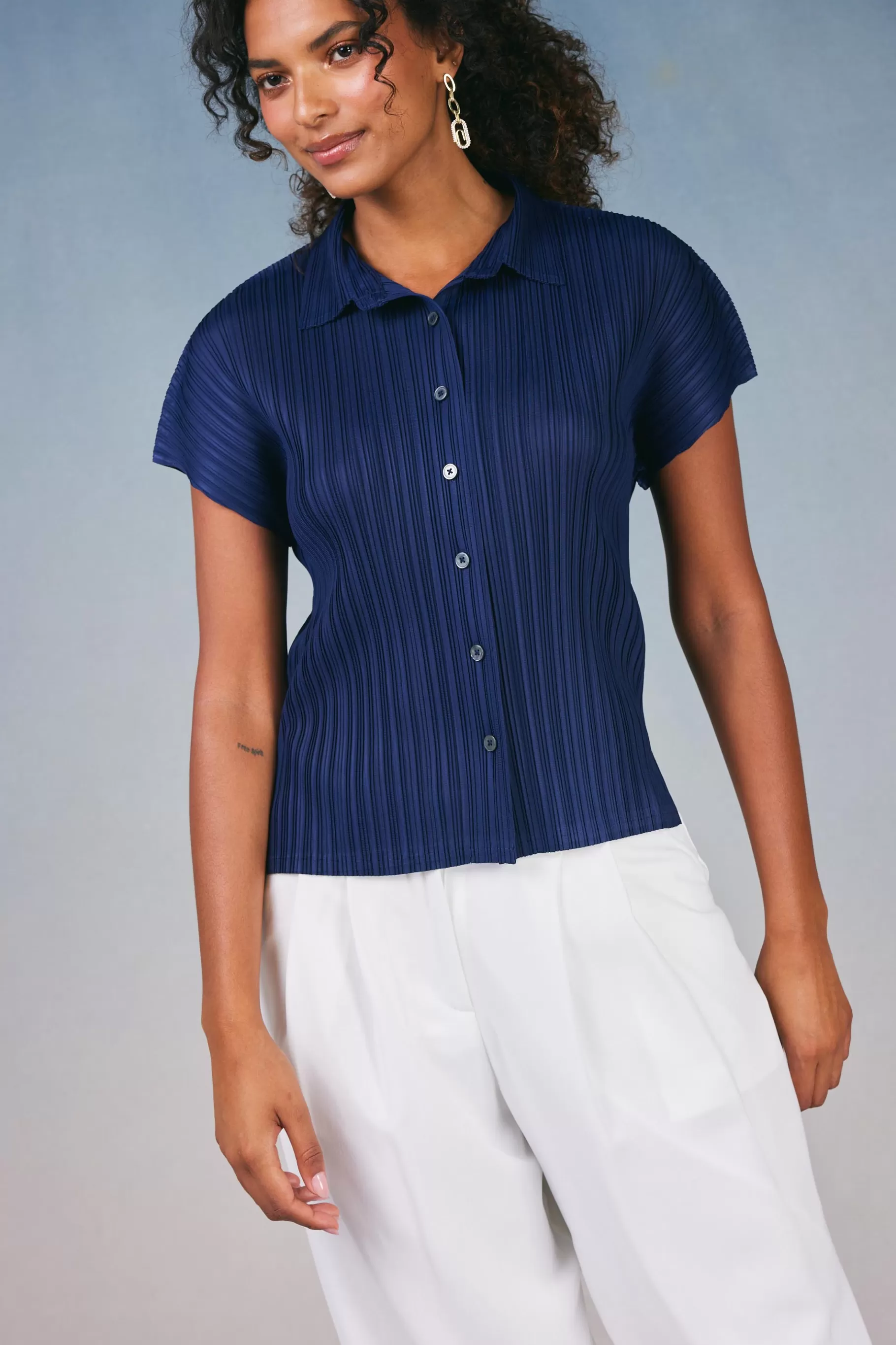 Current Air Short Sleeve Tops>Pleated Button Down Top NAVY