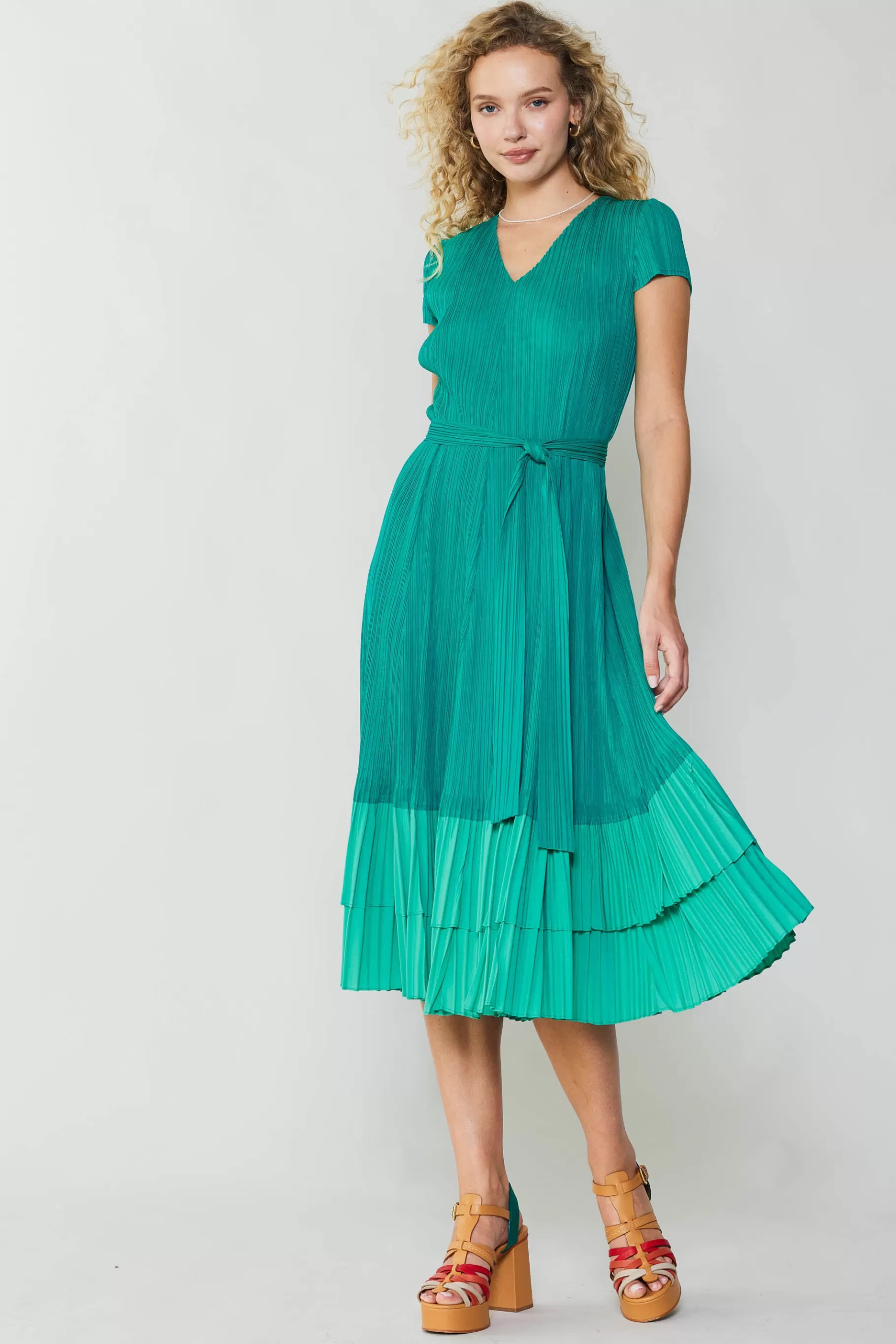 Current Air Midi Dresses>Pleated Colorblock Midi Dress TEAL